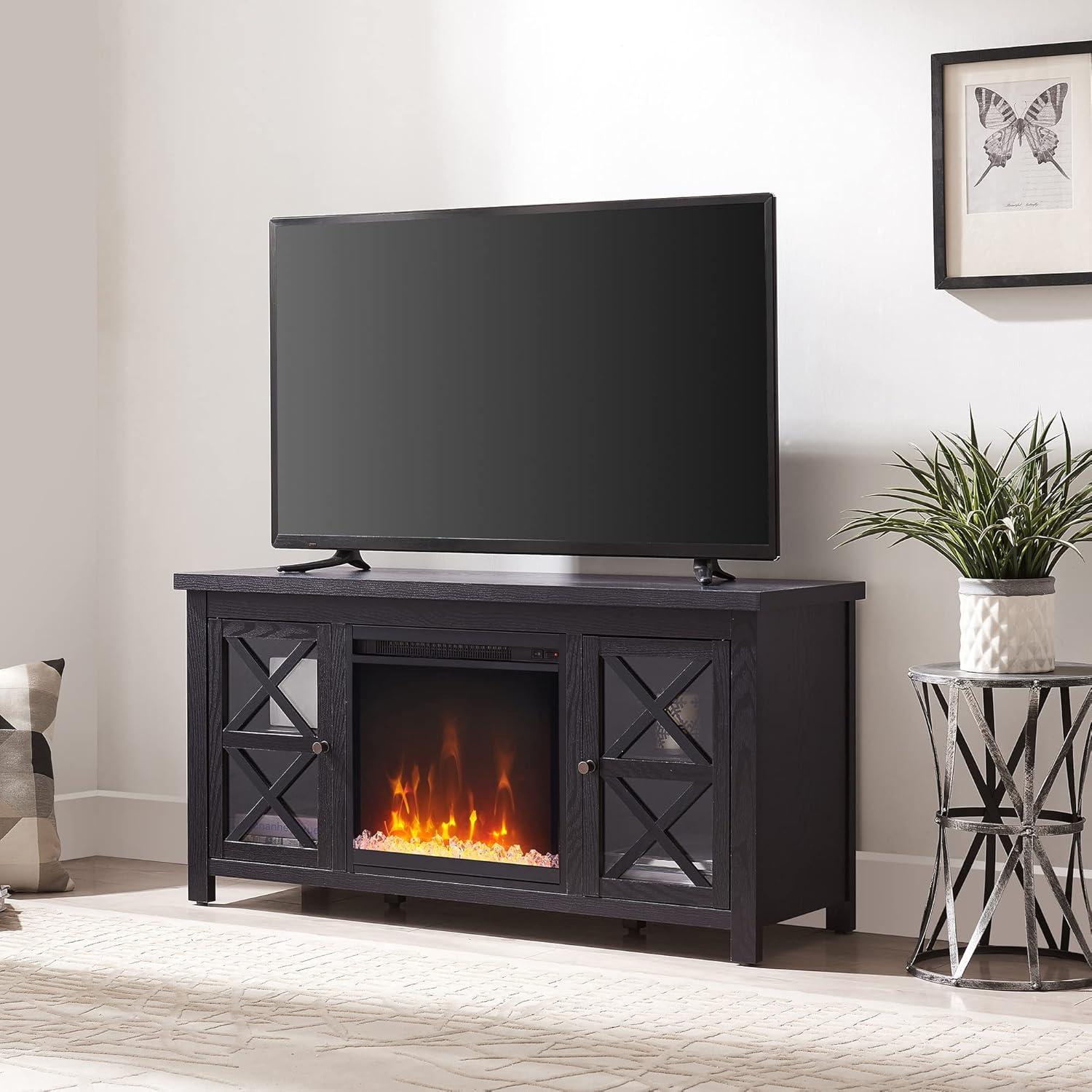 Colton 55" Black Metal TV Stand with Crystal Fireplace and Cabinet