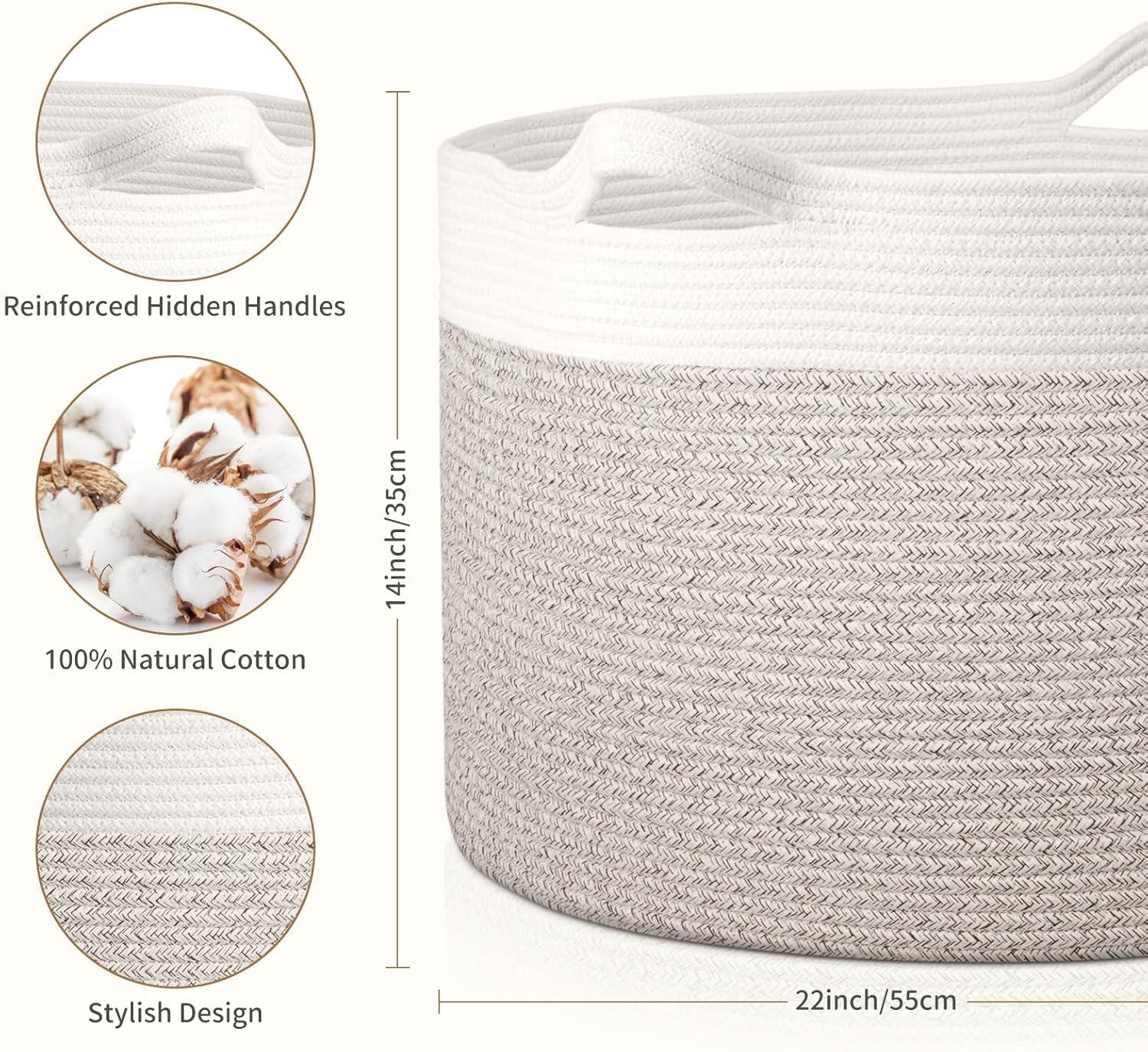 XXL Beige and White Cotton Rope Storage Basket with Handles