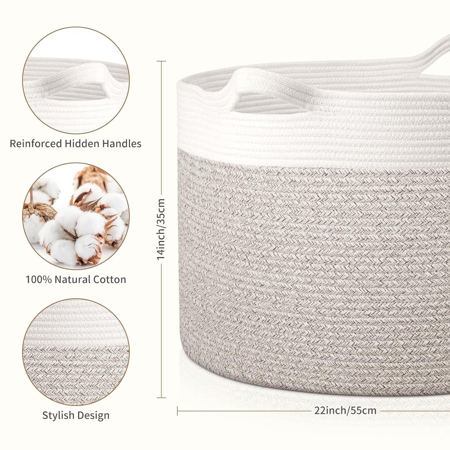 AivaToba Cotton Rope Basket, 22” x 14” Blanket Basket for Living Room, Woven Baby Laundry Baskets with Handles for Toys, Storage, XXXLarge Basket for Organizing