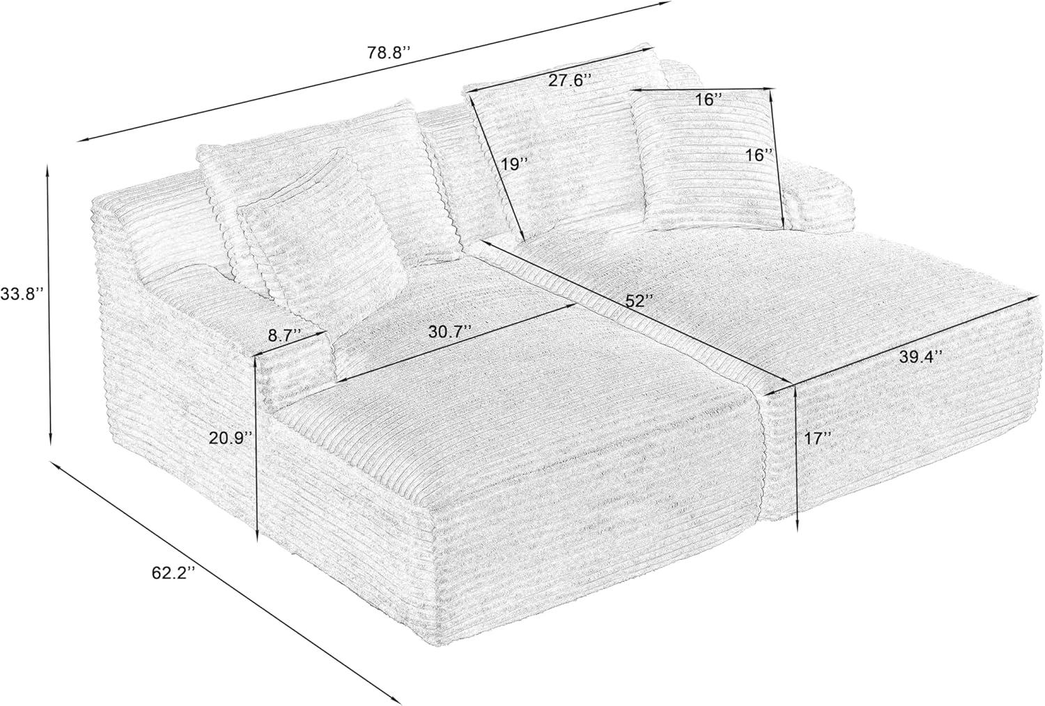 GNIXUU 78"Oversized Double Chaise Lounge Indoor, Corduroy Sleeper Sectional Couch, Upholstered Boneless Cloud Sofa Deep Seat, Comfy Plush Chair Bed for Living Room