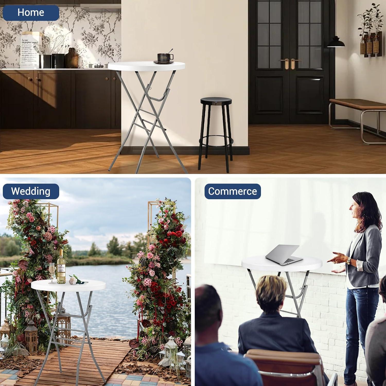 28in Cocktail Table White High Top Folding, Round Portable Bar Height Folding Table with Removable Legs, Indoor Outdoor Banquet for Parties, Commercial, Speech, School