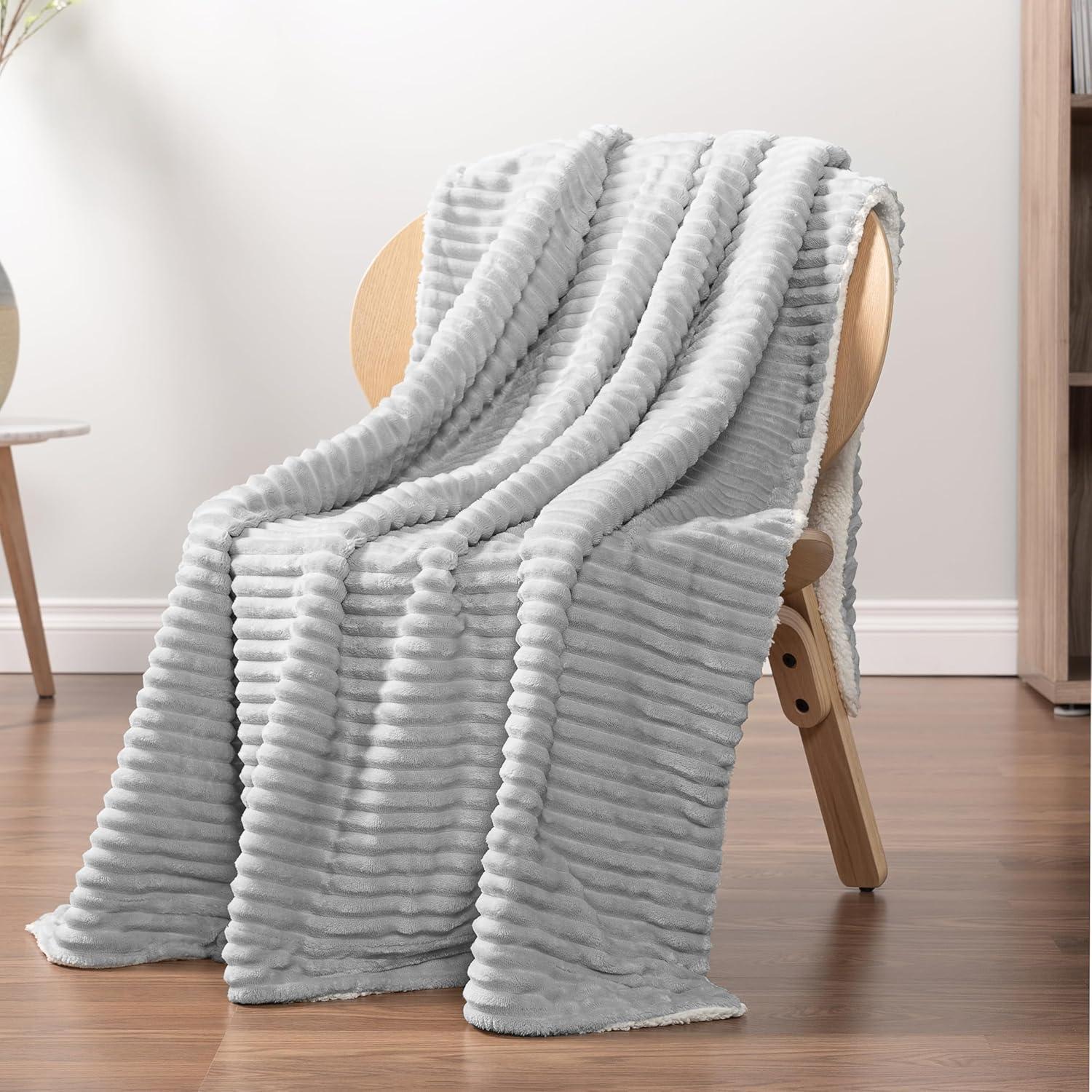 PAVILIA Soft Thick Fleece Flannel Ribbed Striped Throw Blanket, Luxury Fuzzy Plush Warm Cozy for Sofa Couch Bed