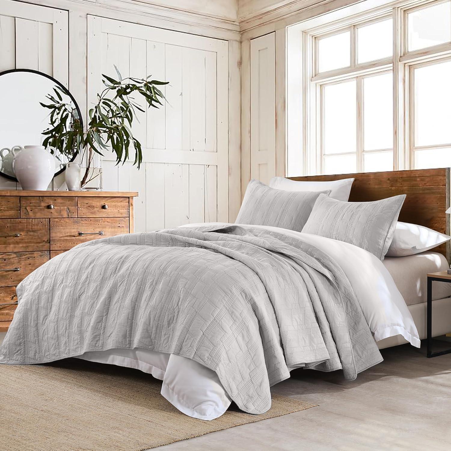 Light Grey Twin Cotton Reversible Bedspread Set