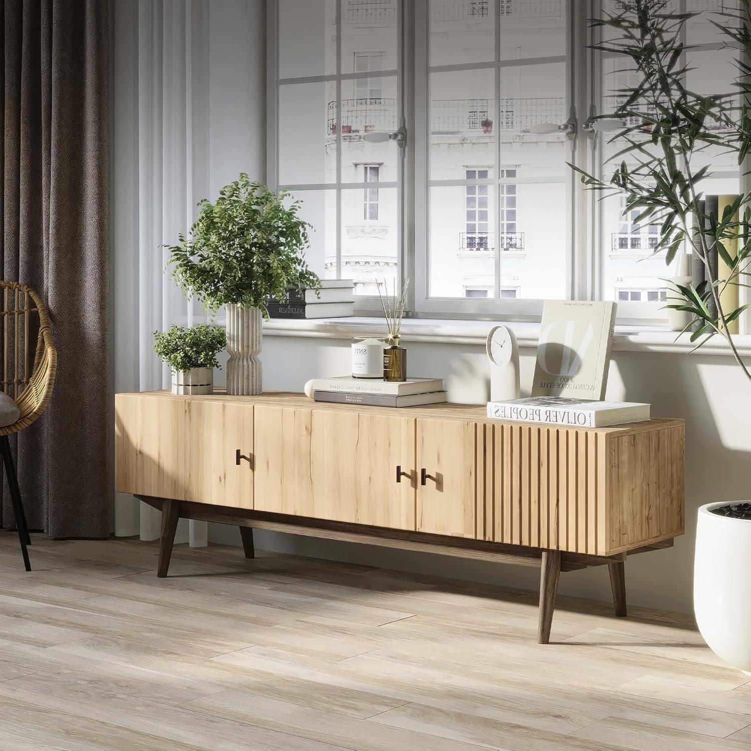 Living Skog  Chelsea Brown TV Stand Fits for TV's up to 65 in. with Slatted Design and Wood Legs light brown Matte Laminate