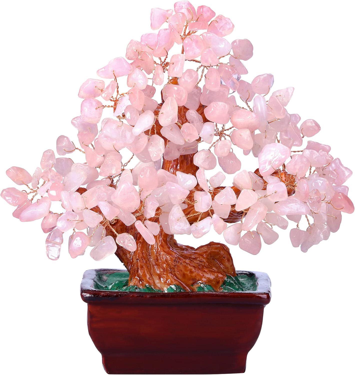 Feng Shui Natural Rose Pink Quartz Crystal Money Tree Bonsai Style Decoration for Wealth and Luck