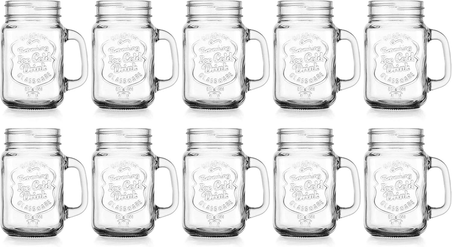 Glaver's Set of 10 Ice Cold 16 Oz. Mason Drinking Glasses With Handles. Quality Refreshing Ice Cold Embossed Logo Jars for Beverages, Cocktails, Shakes, Smoothies, Sodas, Juice.
