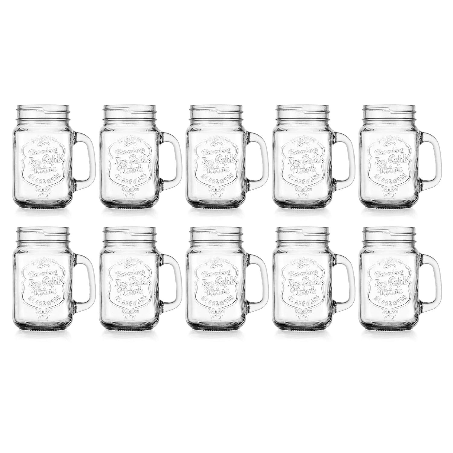 Glaver's Set of 10 Ice Cold 16 Oz. Mason Drinking Glasses With Handles. Quality Refreshing Ice Cold Embossed Logo Jars for Beverages, Cocktails, Shakes, Smoothies, Sodas, Juice.