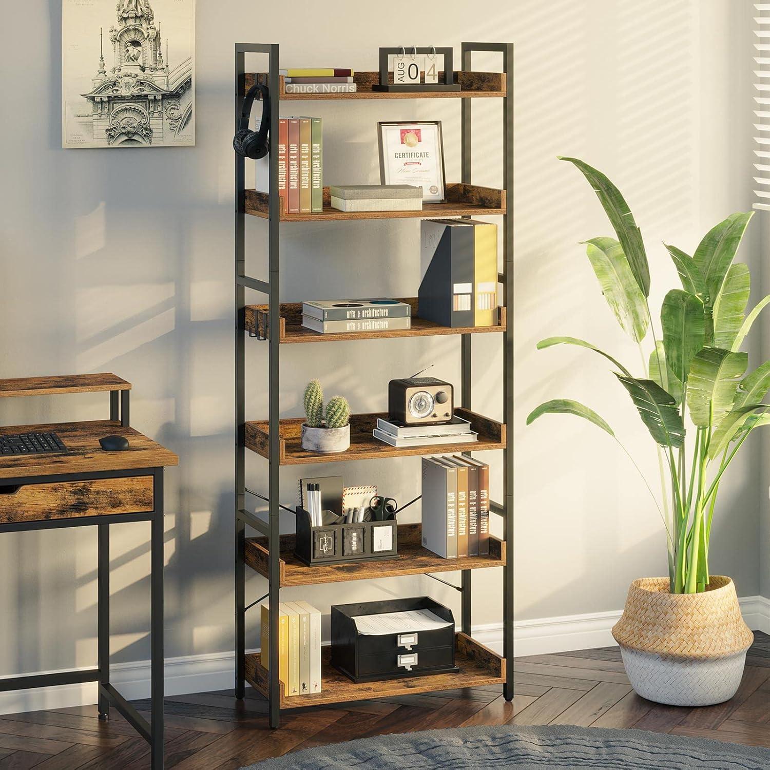 Rustic Brown 6-Tier Adjustable Wood Bookshelf with Metal Frame