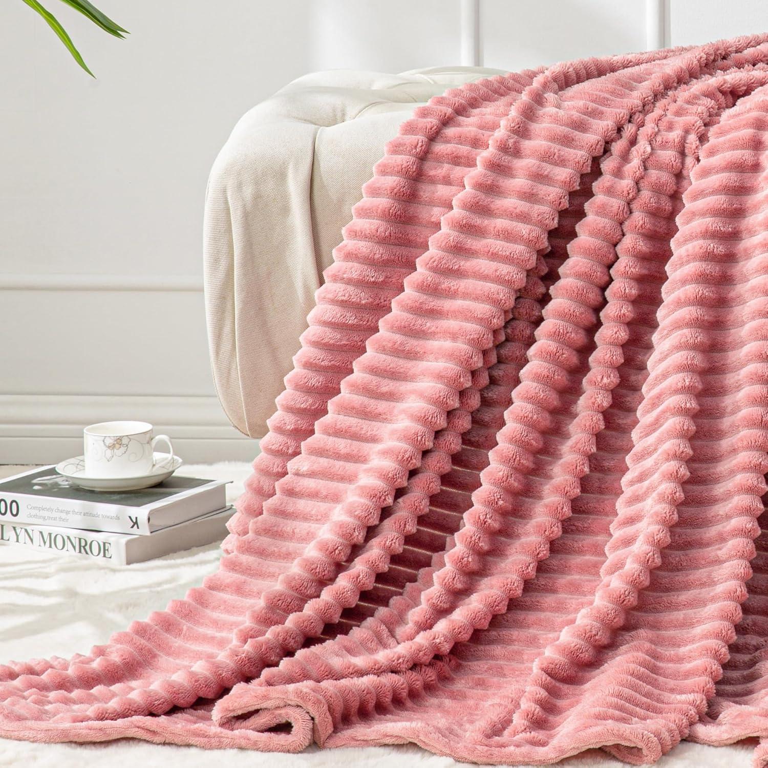 Pink Ribbed Fleece Reversible Throw Blanket 60x50 Inches