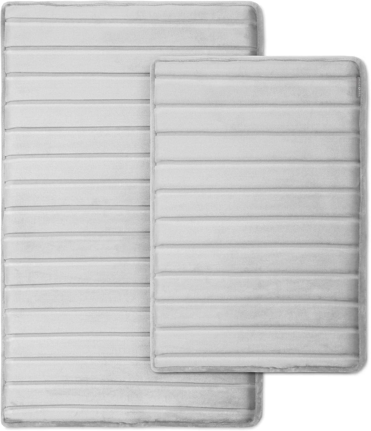 2pc 17"x24" and 21"x34" MICRODRY SoftLux Quilted Striped Memory Foam Bath Rug/Runner with Skid Resistant Base Light Gray