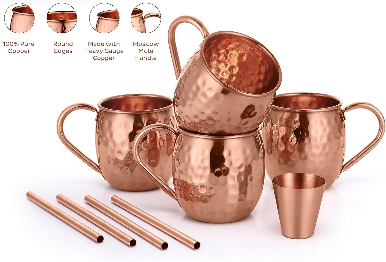 AVADOR Set of 4 Handcrafted 100% Pure Copper Moscow Mule Mugs Hammered Finish 16 Oz. Gift Set Boxed with Shot Glass and Copper Straws