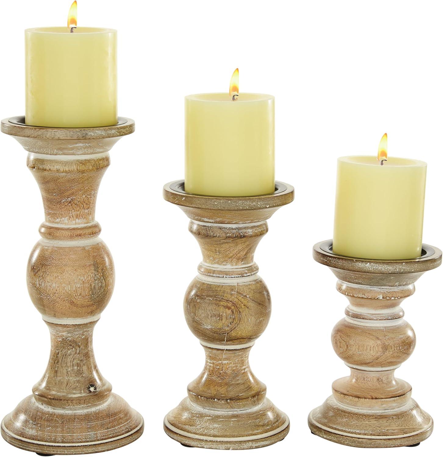 Distressed Light Brown Mango Wood Candle Holder Set