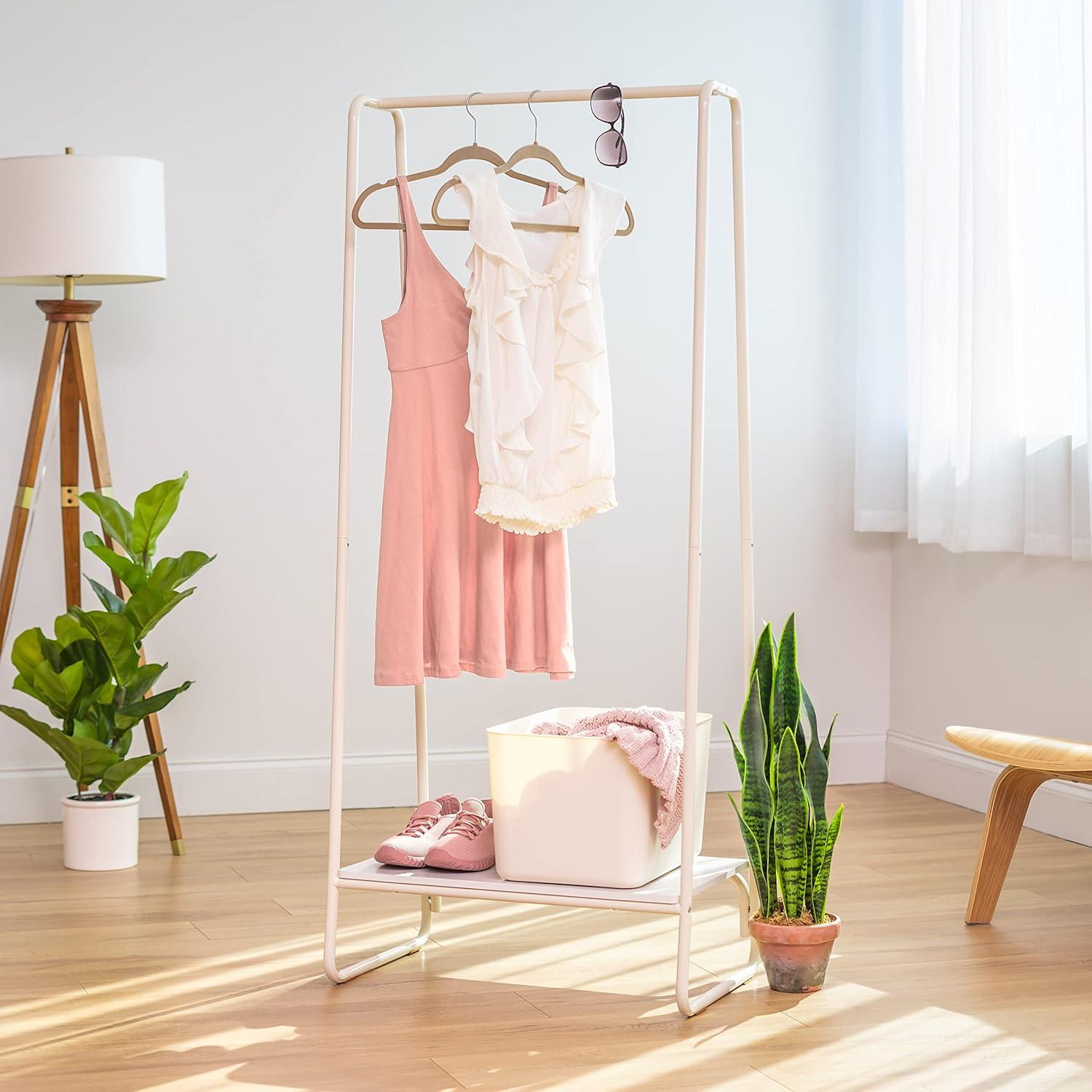 White Metal Garment Rack with Marble Wood Shelf