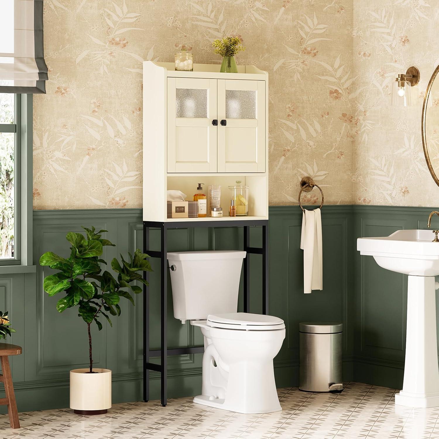 Cream White Over-Toilet Cabinet with Adjustable Shelving and Black Iron Legs