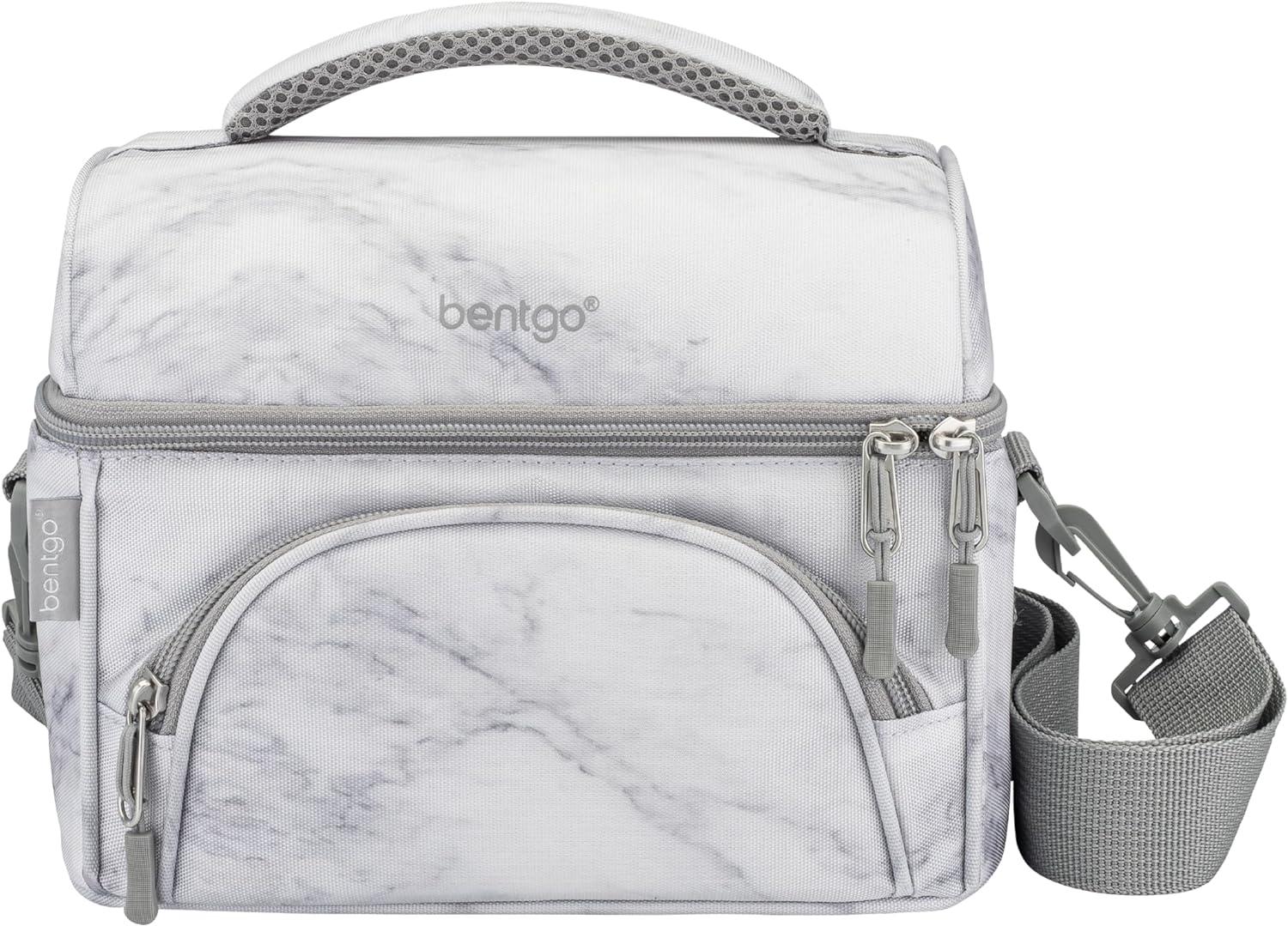 Bentgo Deluxe Lunch Bag, Durable & Insulated Bag, Internal Mesh Pocket & 2-Way Zippers - White Marble