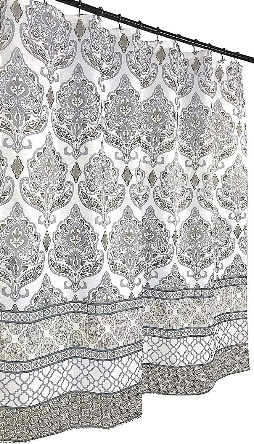 Grey Taupe White Fabric Shower Curtain: Floral Damask with Geometric Border Design (Darian) New Without Packaging 70" x 72" inches.