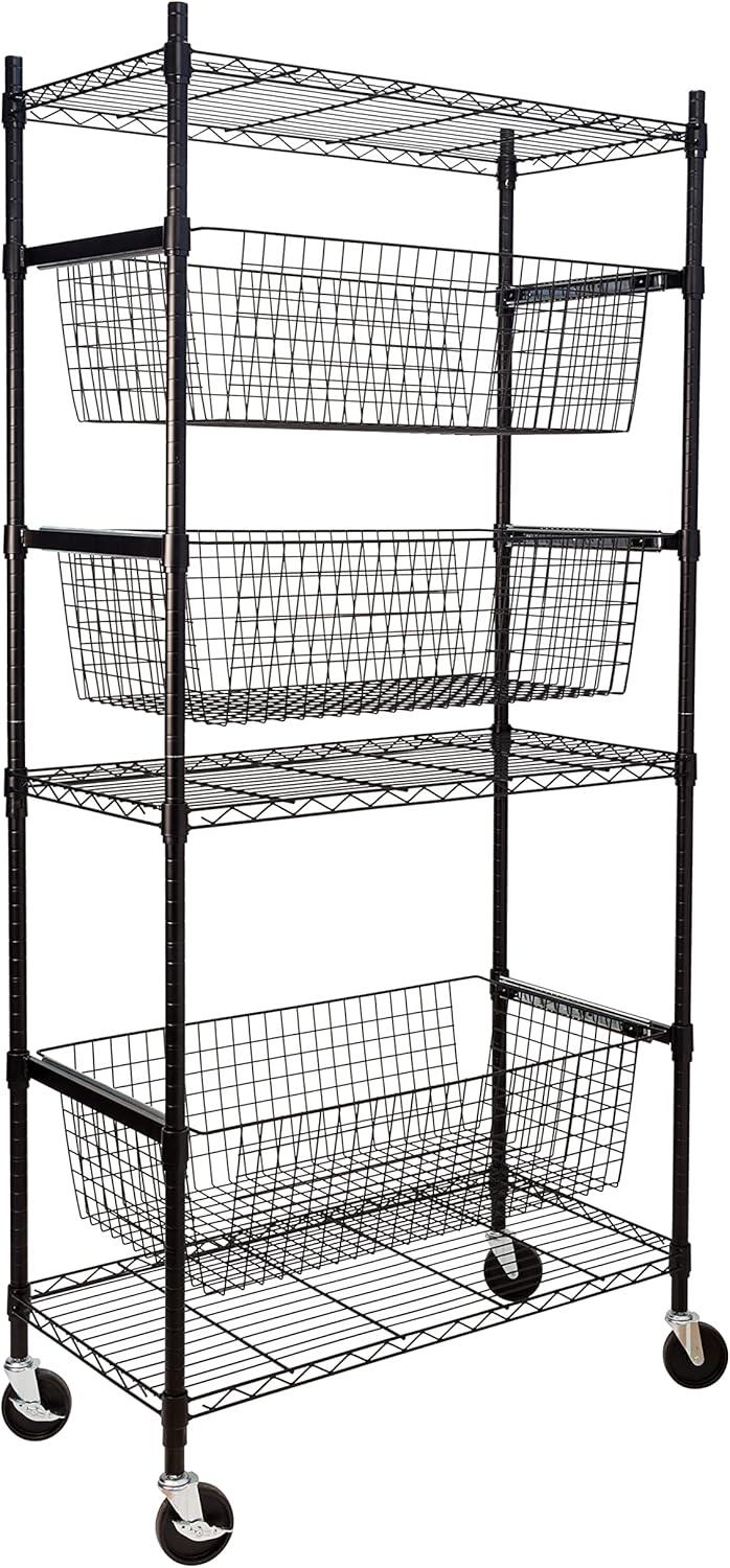 Honey-Can-Do 3-Shelf Steel Heavy-Duty Storage Shelves with 3 Pull-Out Baskets, Black, Holds up to 200 lb per Shelf