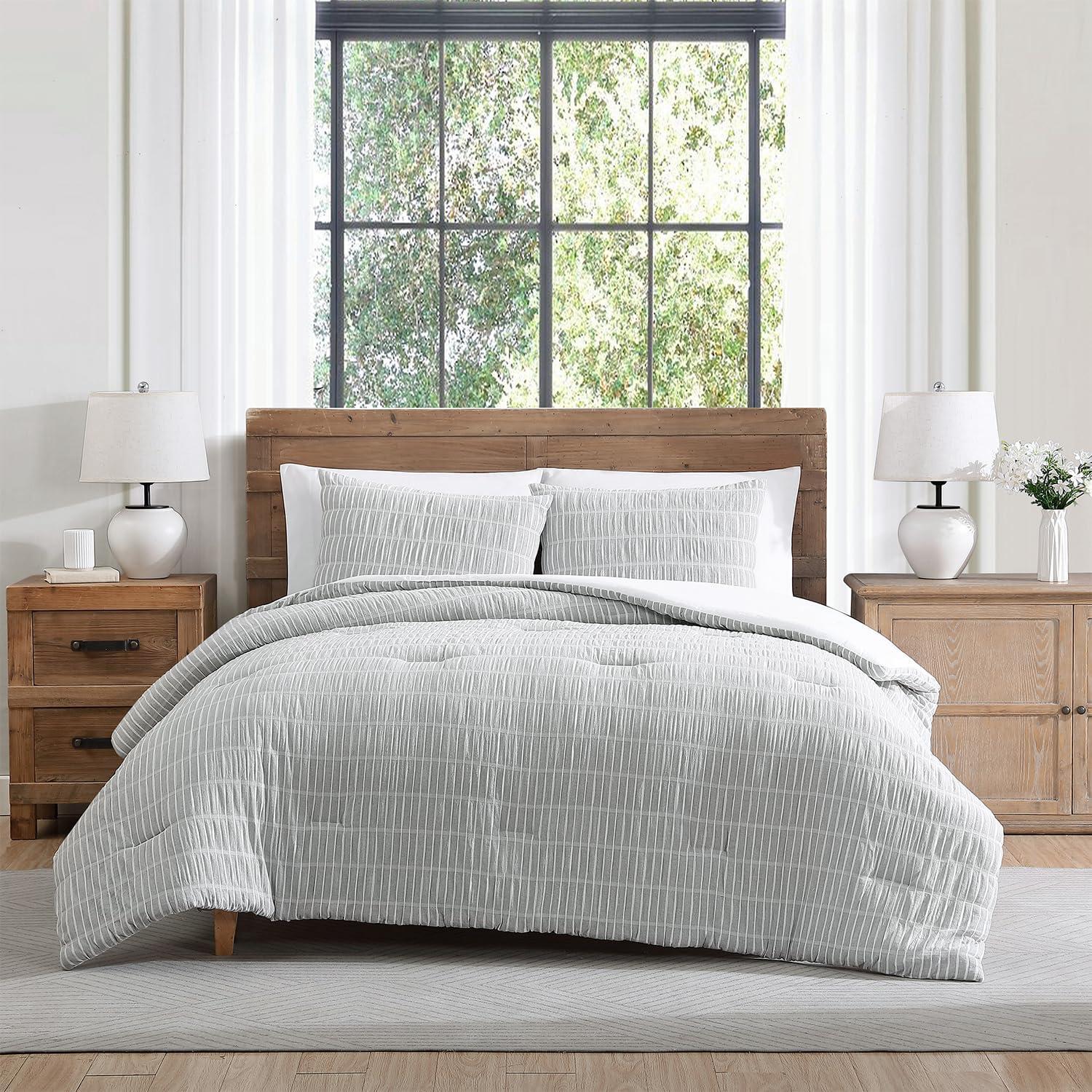 Full Gray Cotton Puckered Seersucker Comforter Set