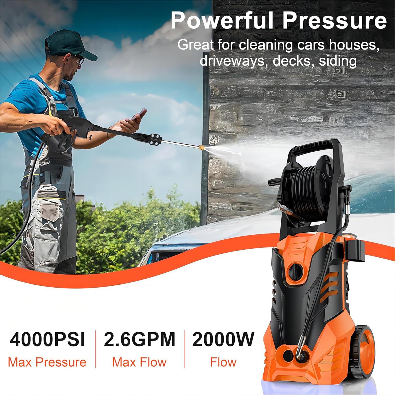 2200W 2.0 GPM Electric Pressure Washer with 5 Nozzles Orange