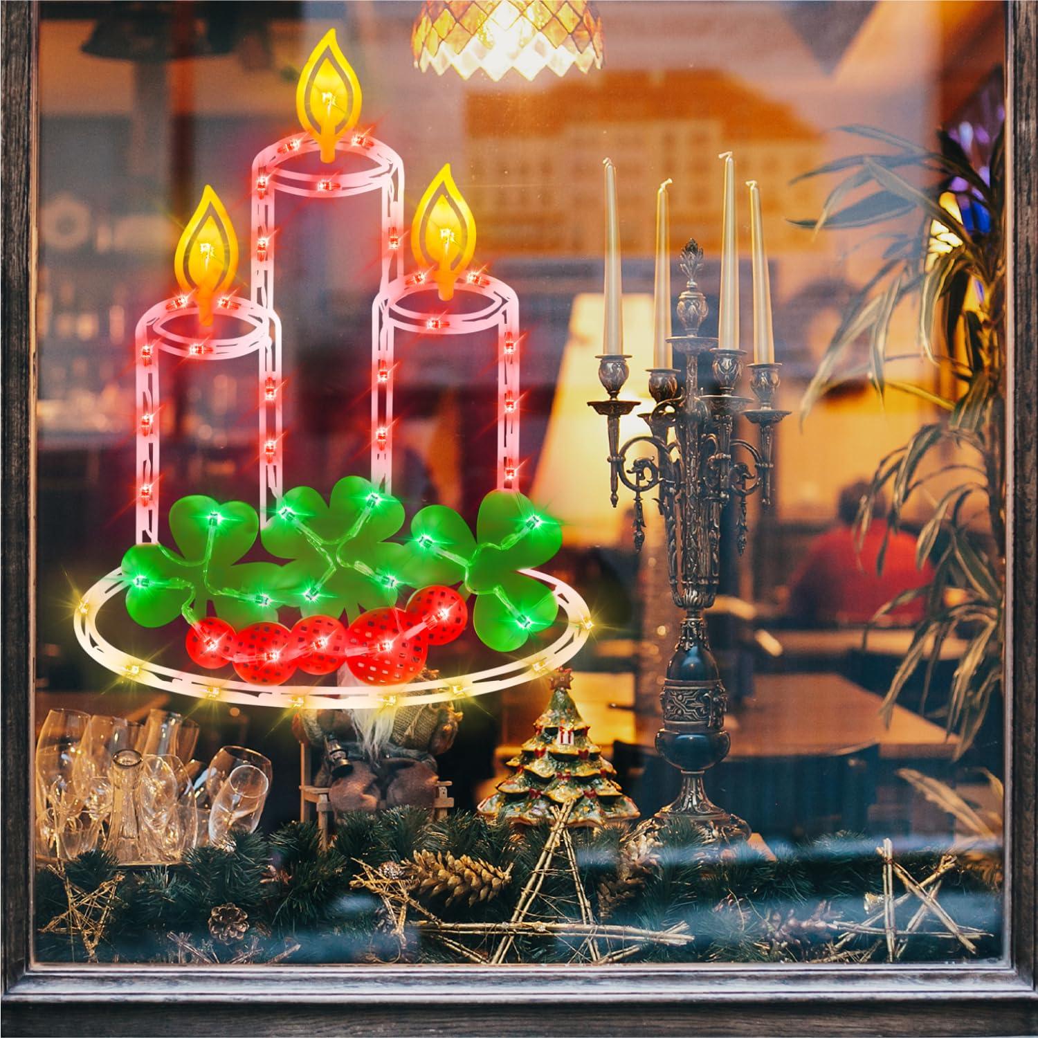 16 Inch Christmas Window Silhouette Lights Decorations, 4 Pack Waterproof Window Hanging Lights Elk, Christmas Tree, Santa Claus, Wreaths for Party, Home Indoor Outdoor Wall - 200 Mini Bulbs