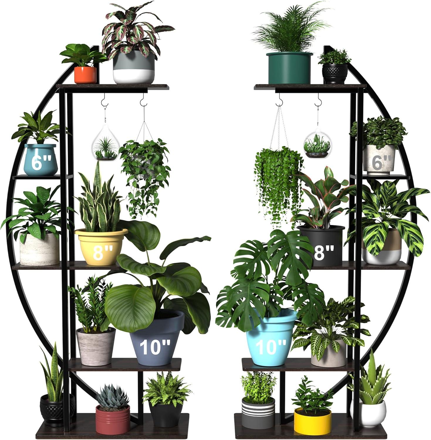 Tall Black Metal and MDF Indoor Plant Stand with Hanging Hook