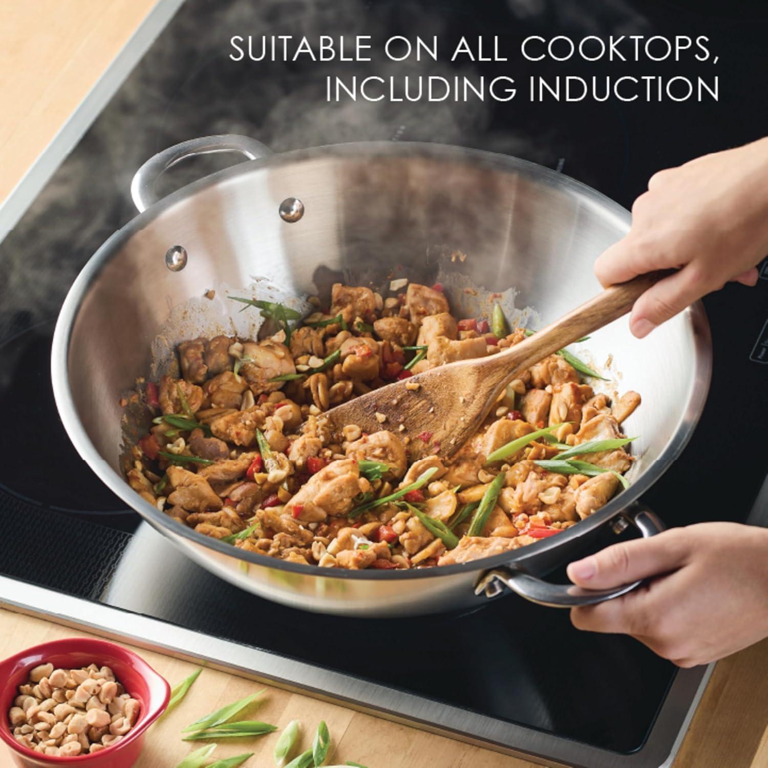 Rachael Ray Professional Stainless Steel Wok/Stir-Fry Pan, Compatible with All Cooktops, Induction Ready, Dishwasher and Metal Utensil Safe, 14 Inch - Stainless Steel
