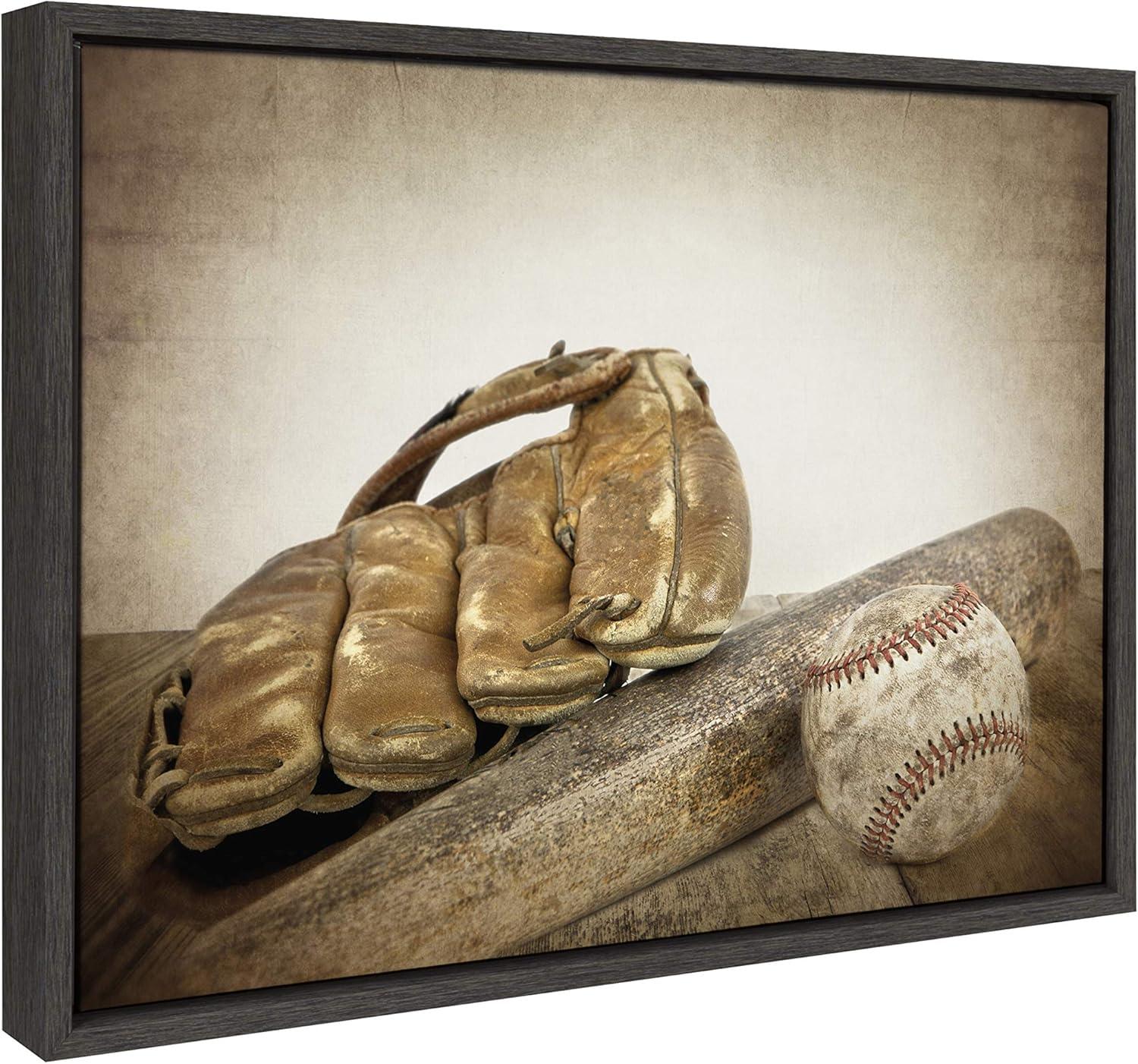 DesignOvation 18" x 24" Sylvie Baseball Glove And Bat Framed Canvas by Shawn St. Peter: Vintage Sports Wall Decor