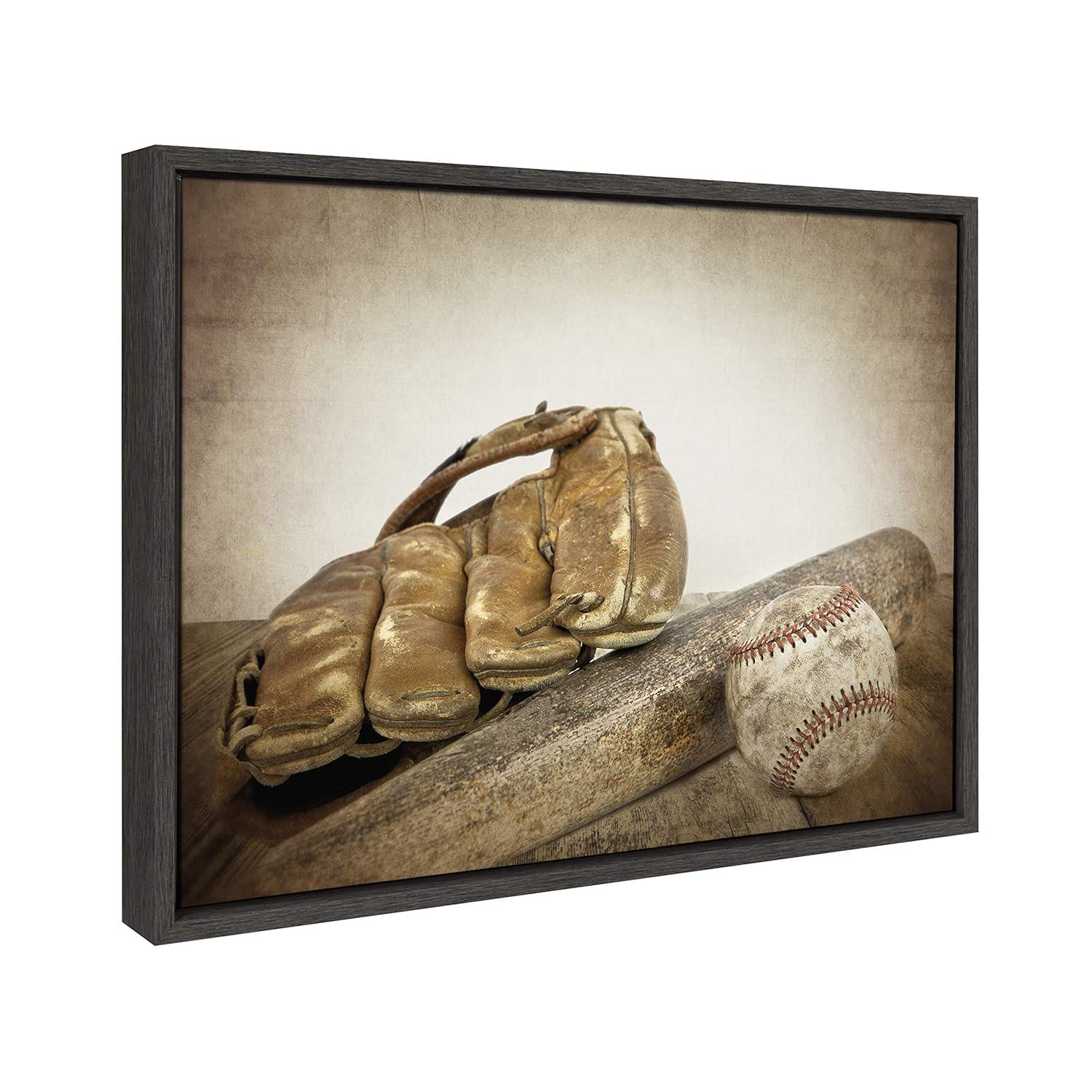 DesignOvation 18" x 24" Sylvie Baseball Glove And Bat Framed Canvas by Shawn St. Peter: Vintage Sports Wall Decor