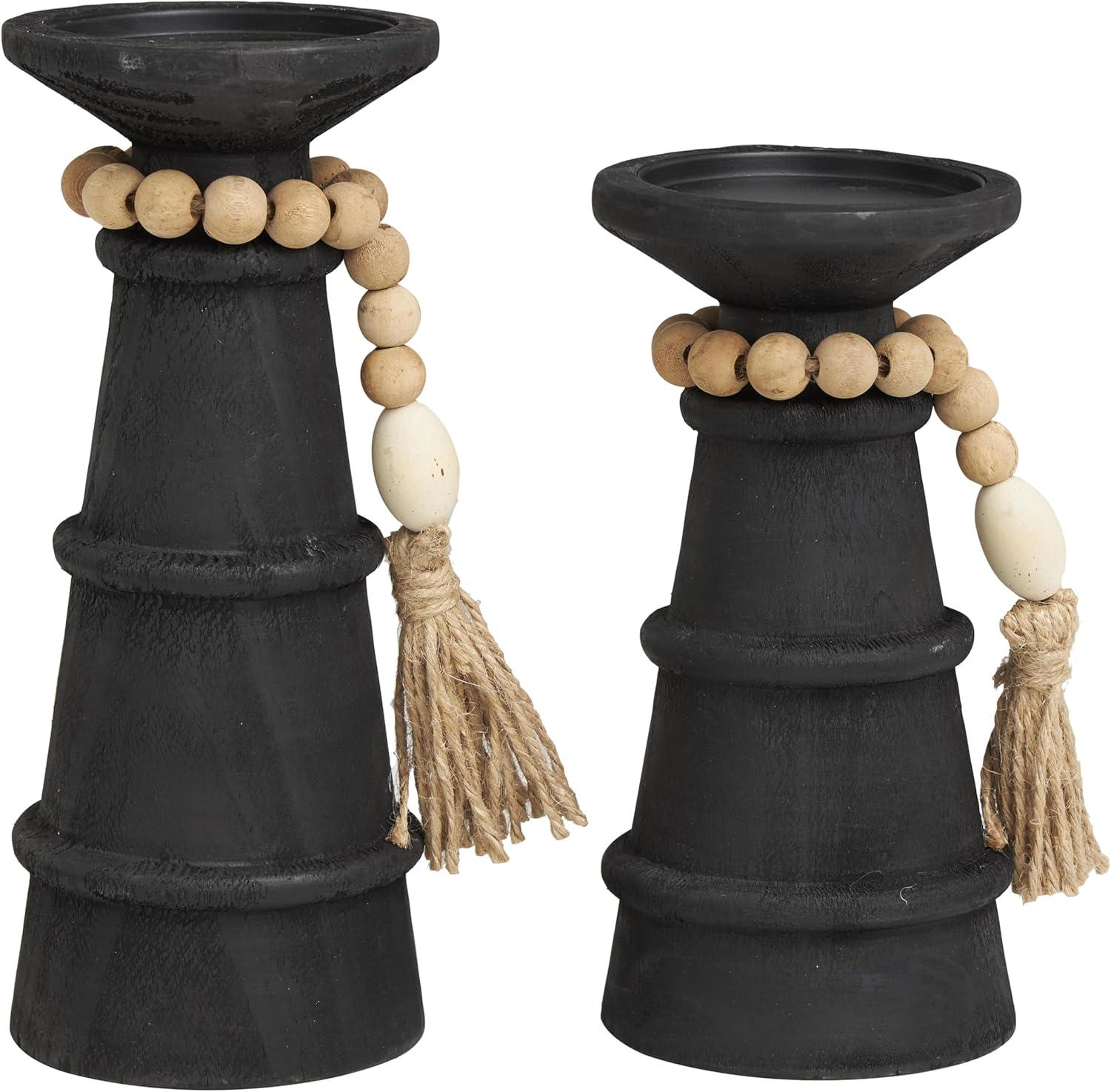 DecMode 2-Slot Brown Wood Tealight Hurricane Lamp, Set of 2
