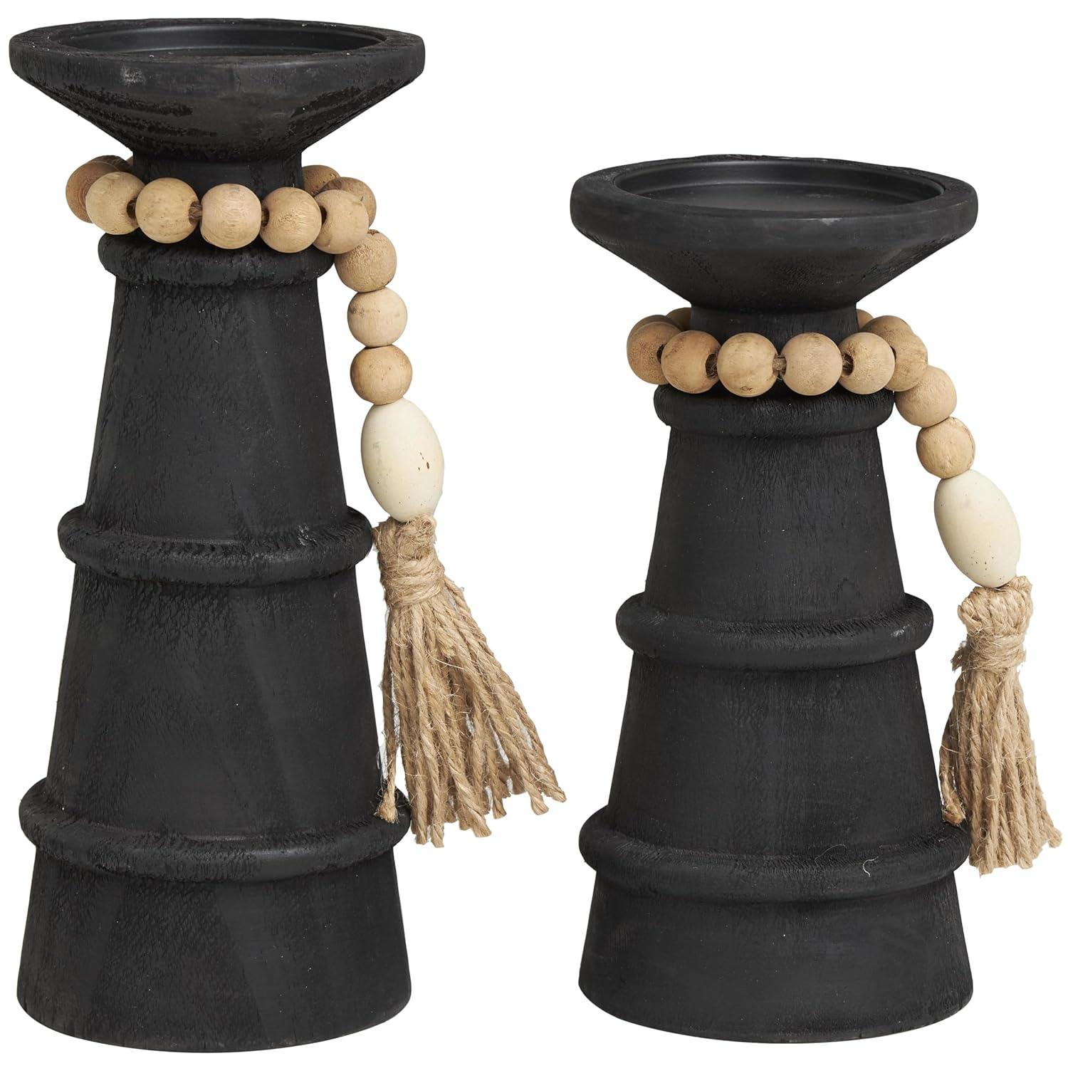 DecMode 2-Slot Brown Wood Tealight Hurricane Lamp, Set of 2