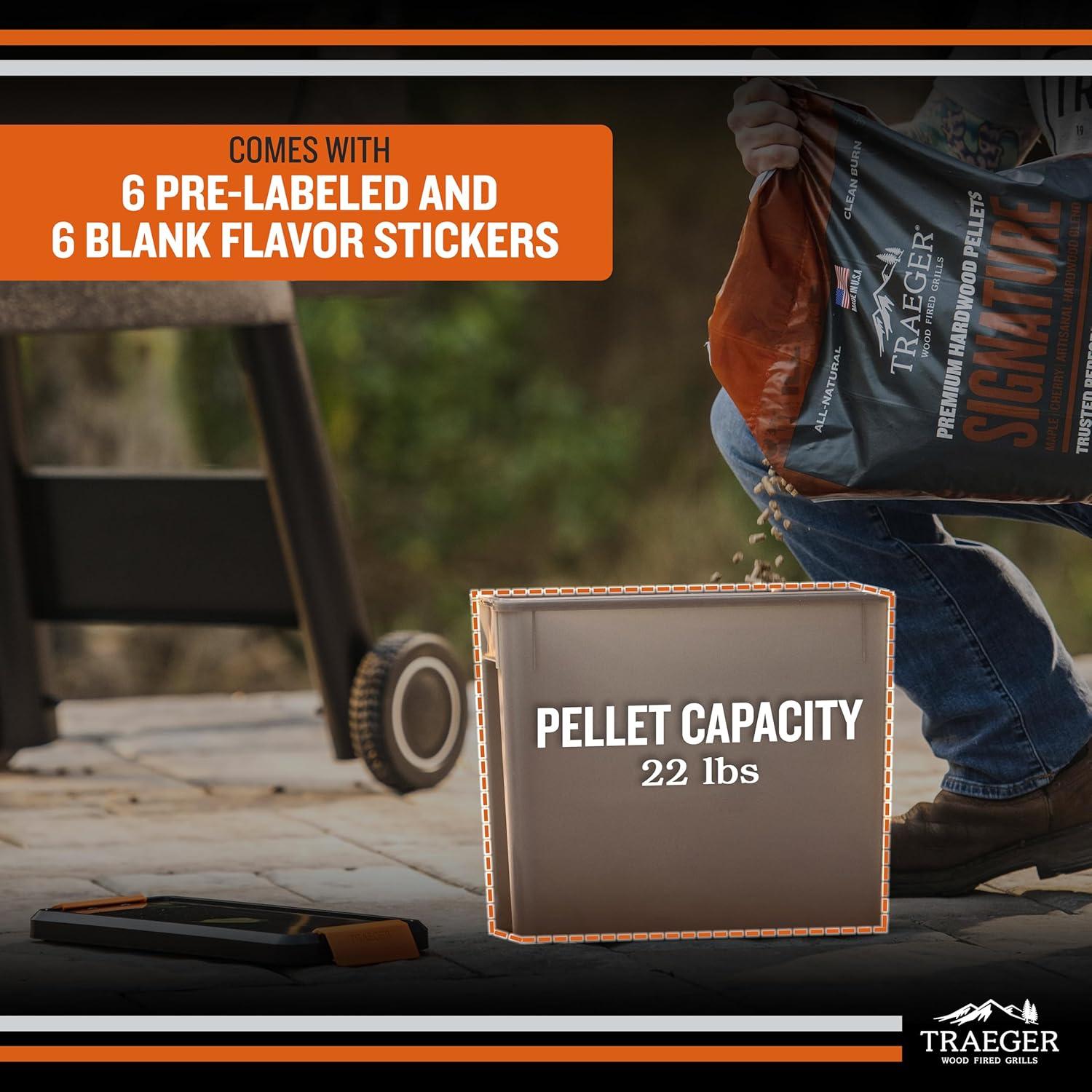 Traeger Grills BAC637 Stay Dry Pellet Storage Bin with Locking Lid, 22lb Capacity Wood Pellet Container with Flavor Stickers, Stackable Design, Airtight Storage for Grill Pellets