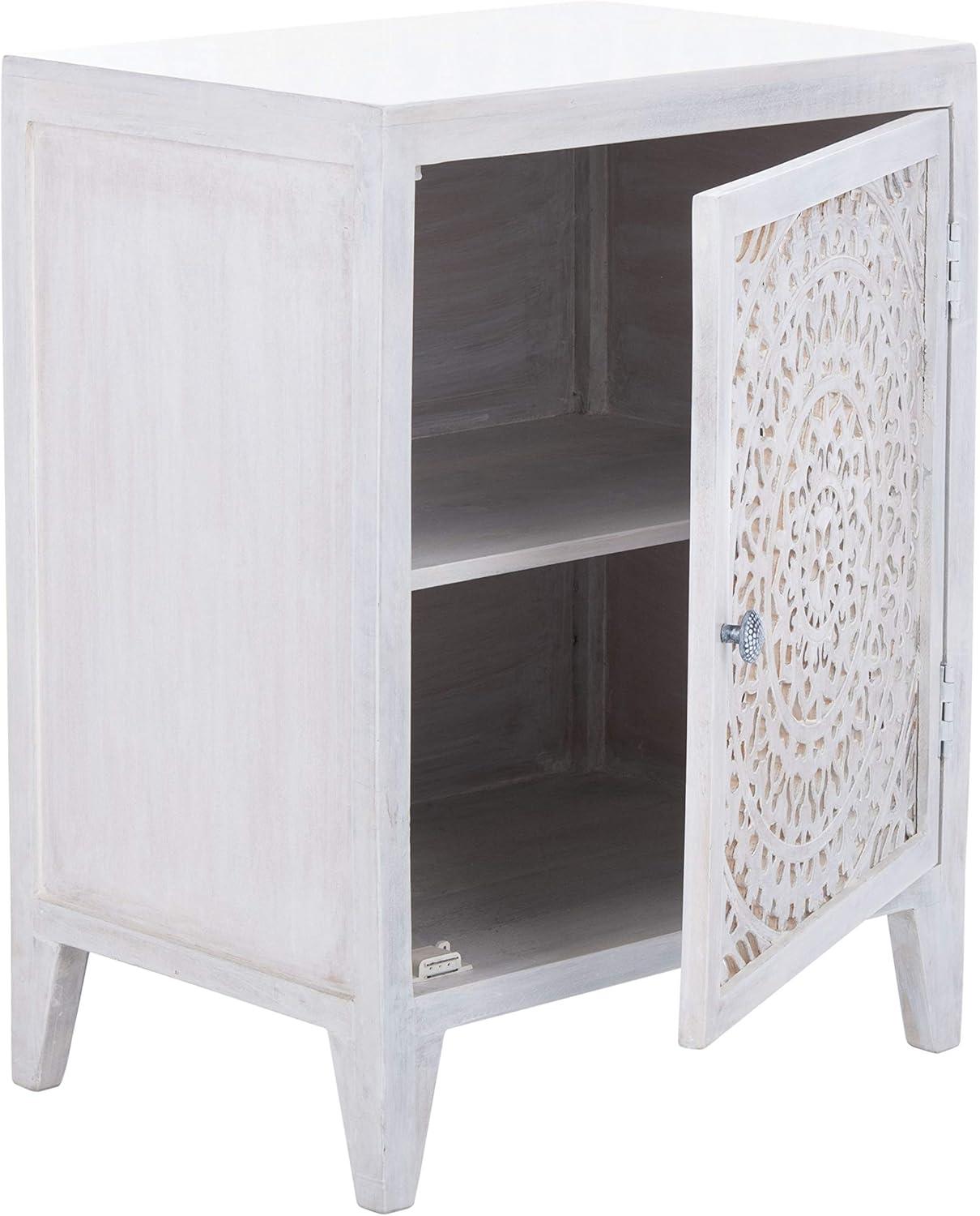 Thea White Washed Carved Wood 1-Door Nightstand