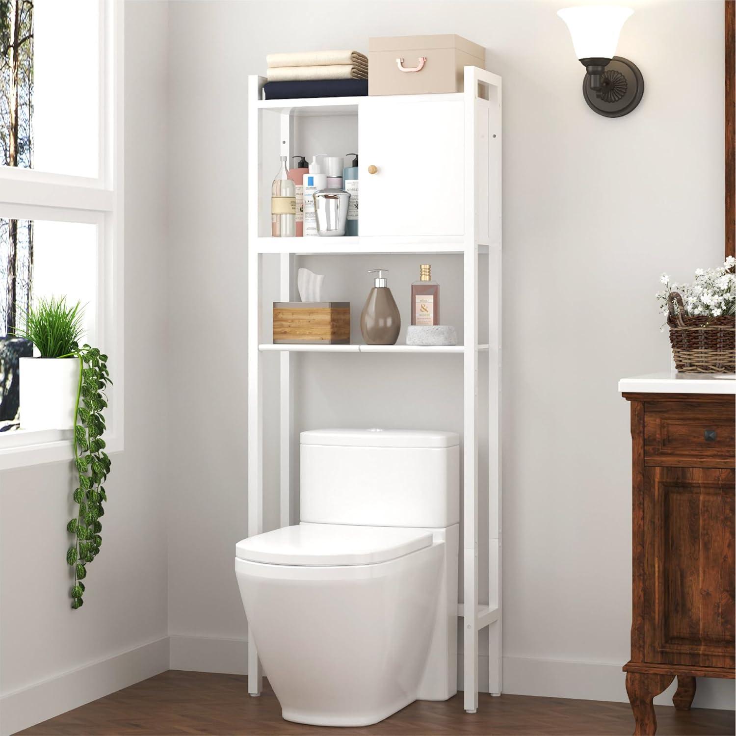 White 3-Tier Over-The-Toilet Storage Rack with Wood Shelves