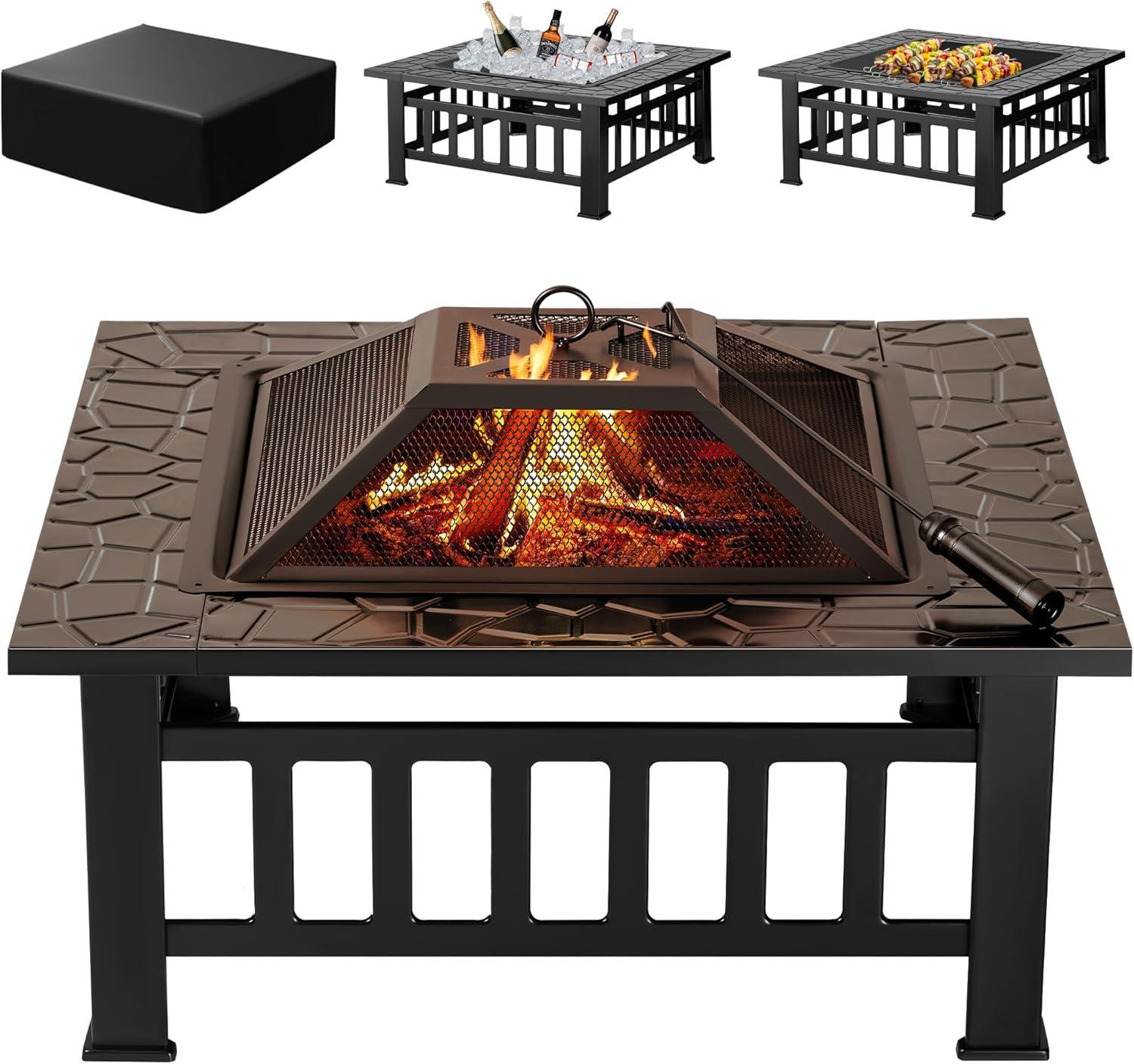 Devoko Outdoor 32" Square Metal Fire Pit with Cover and Poker, Black