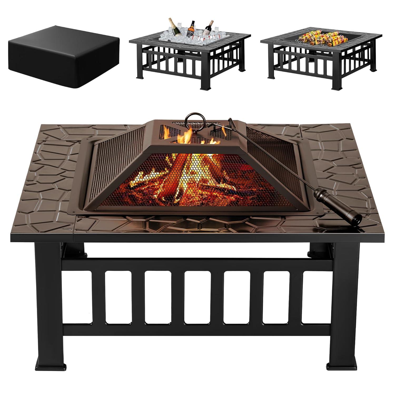 Devoko Outdoor 32" Square Metal Fire Pit with Cover and Poker, Black