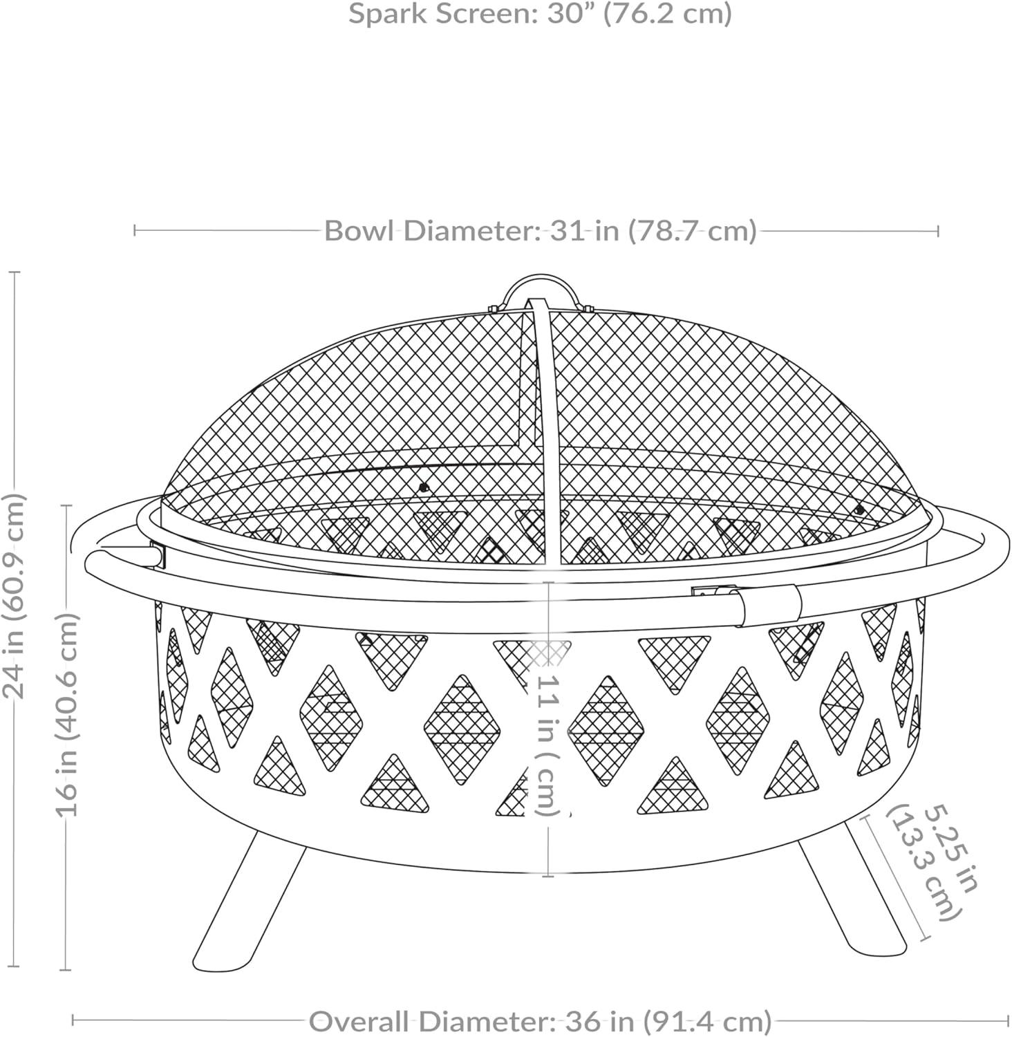 Sunnydaze Outdoor Camping or Backyard Round Crossweave Cut Out Fire Pit with Spark Screen, Log Poker, and Cover - 36"