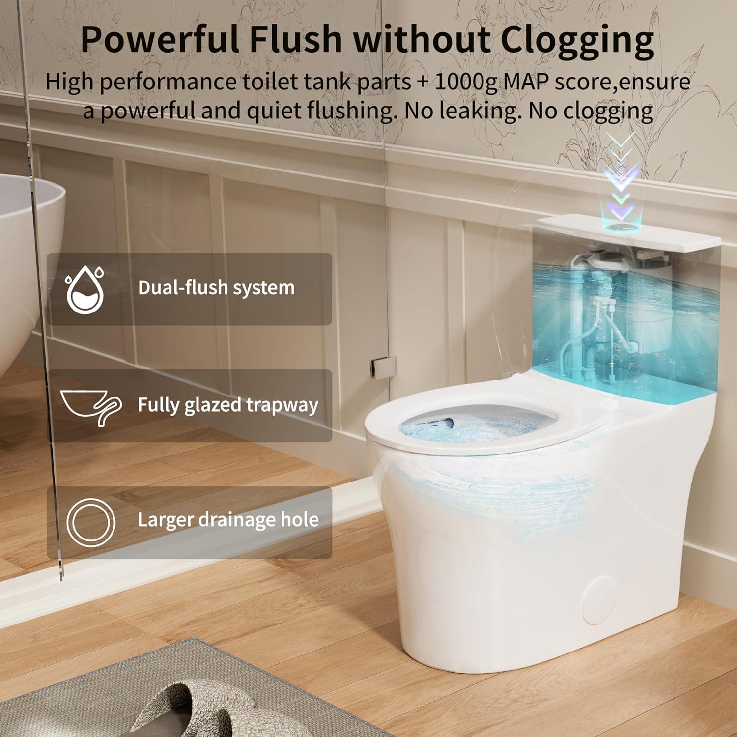 17" Comfort Height StandardToilet, Dual-Flush Modern Elongated One-Piece Toilet with Glazed Surface (Seat lncluded)