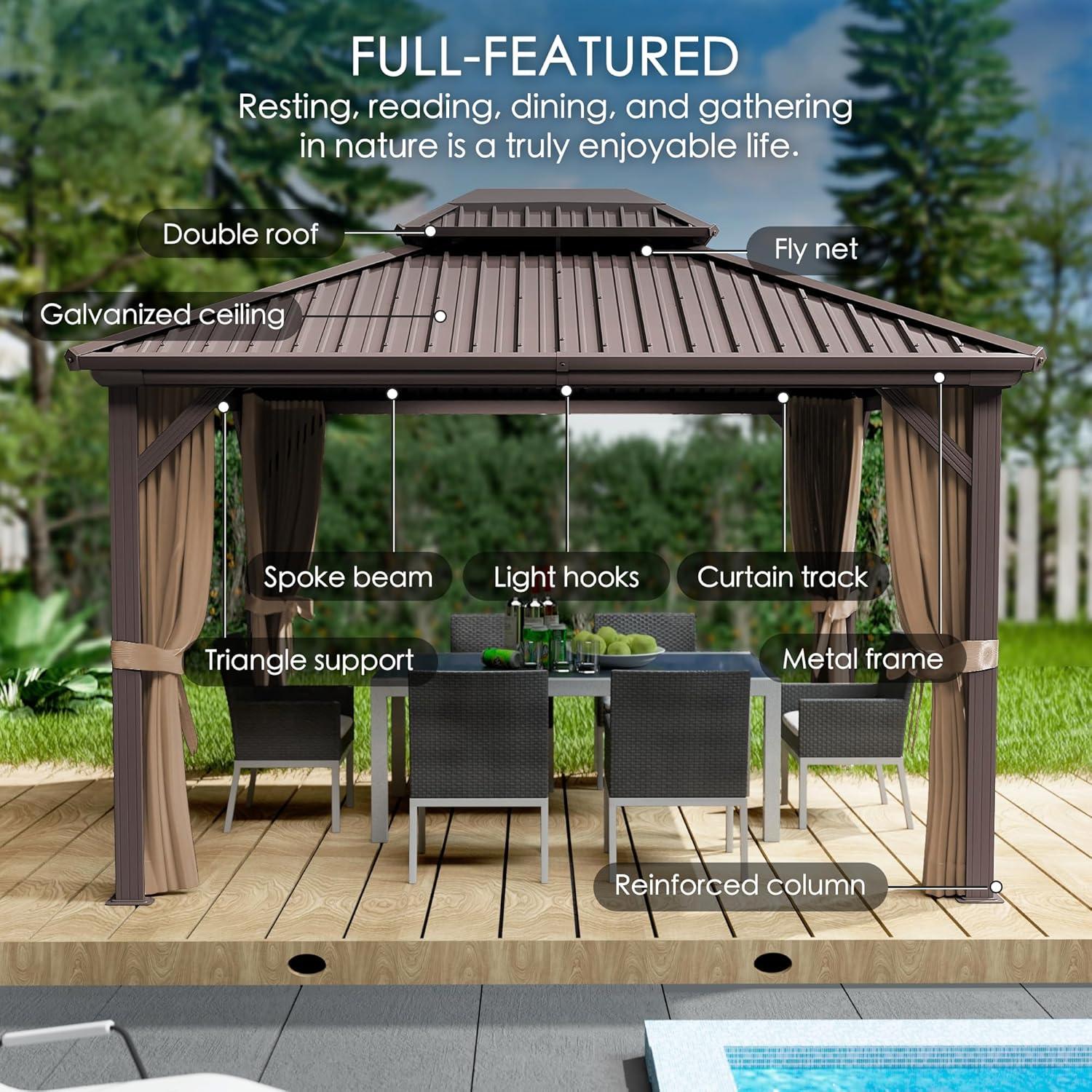 Kozyard Alexander 10?x12? Dark Brown Double Roof Hardtop Gazebo with Curtain and Mosquito Netting