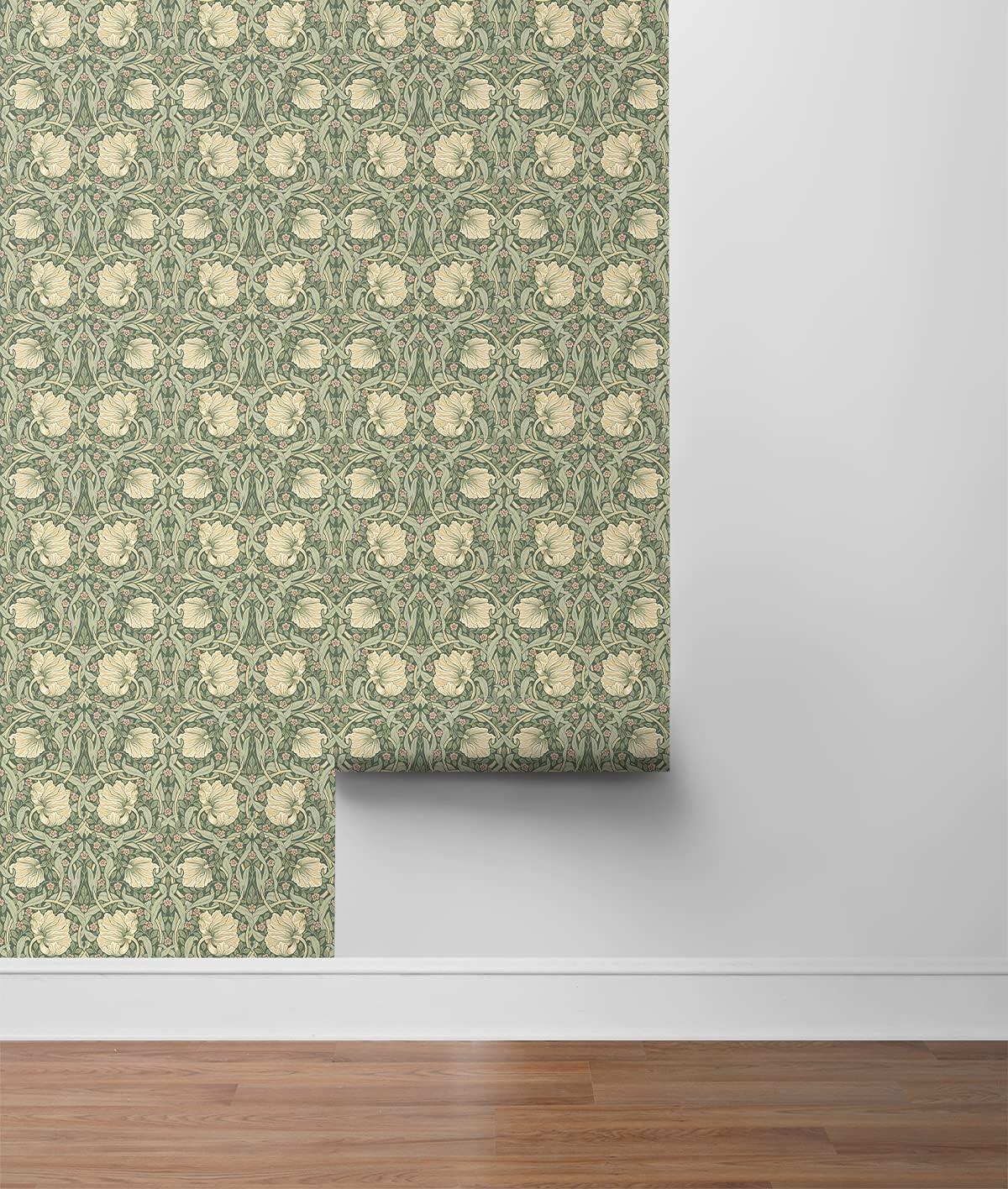 NextWall Pimpernel Floral Peel and Stick Wallpaper: Vintage Green Botanical Vinyl, Repositionable & Washable, 40.5 Sq Ft Coverage