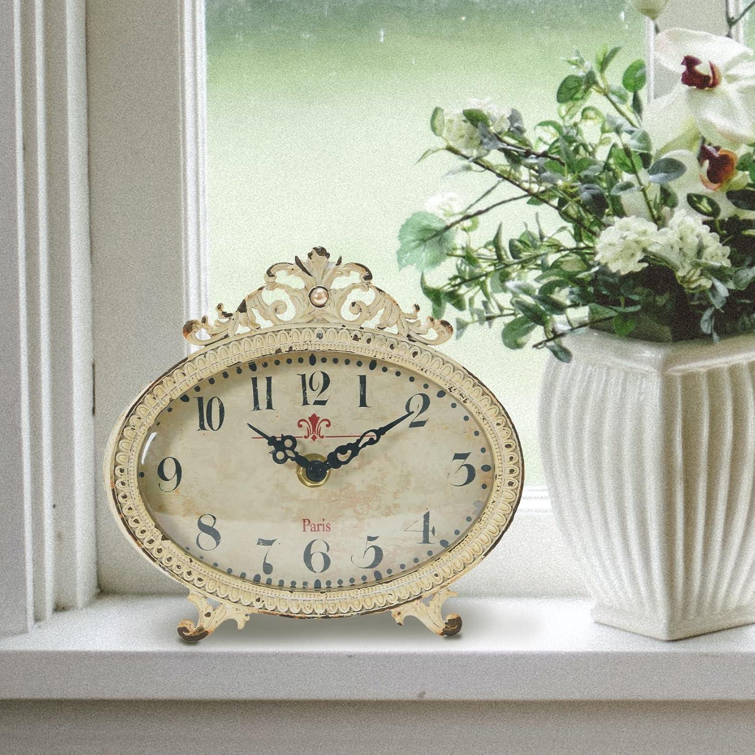 Storied HomeDistressed Pewter Mantel Clock, Cream