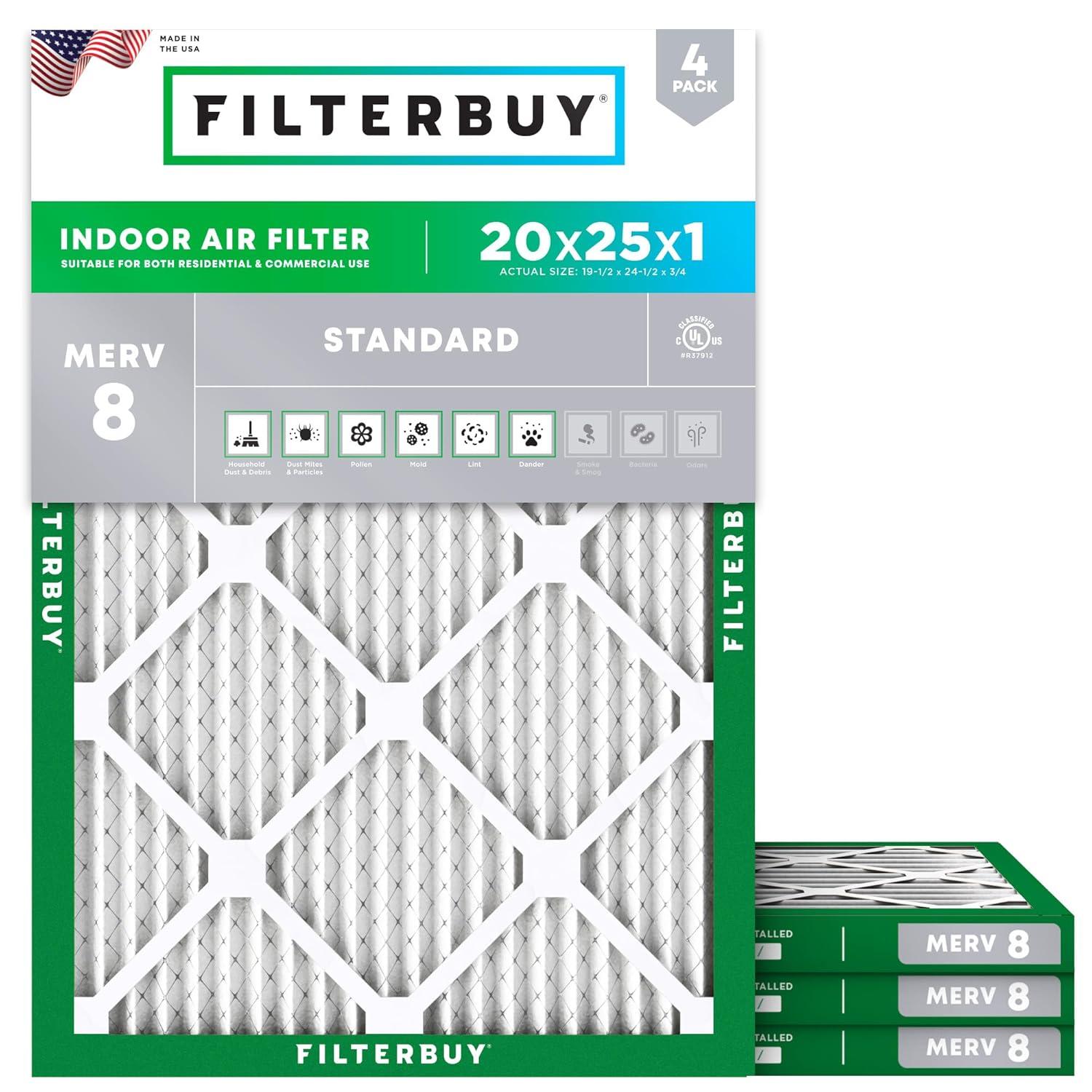 Filterbuy Filterbuy 20x25x1 Air Filter MERV 8, Pleated HVAC AC Furnace Filters Replacement (Set of 4)