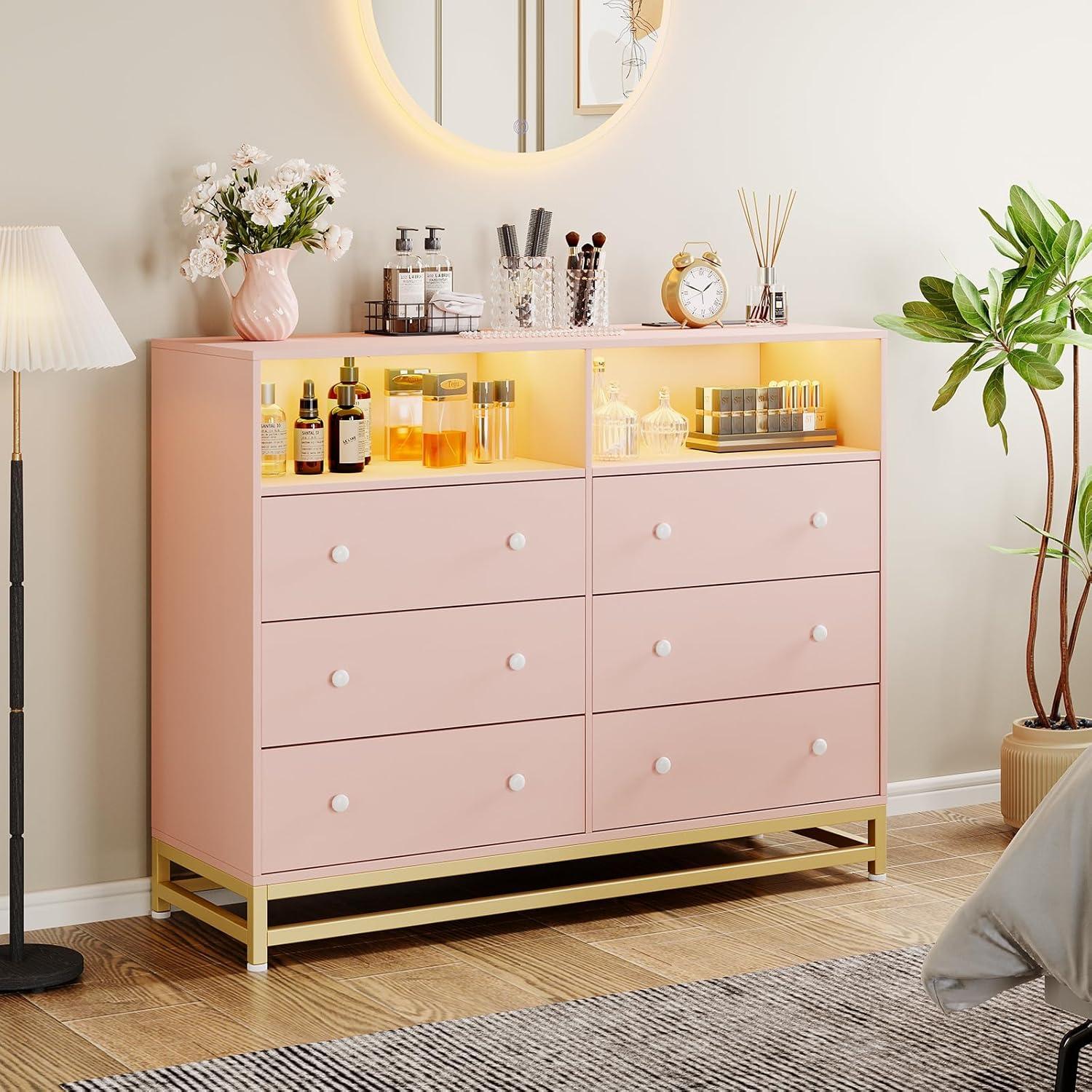 Juiluna Wide Dresser for Bedroom with Charging Station, 6 Drawer Dresser with LED Lights, Modern Large Capacity Storage Cabinet, Closet,White/Black/Pink