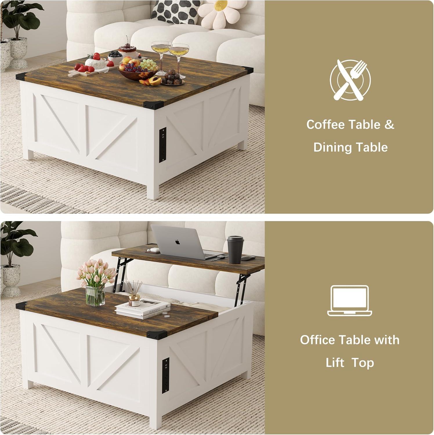 35'' Farmhouse Lift Top Coffee Table, Coffee Table with Storage and Large Hidden Storage, Square Coffee Table with Charging Station&USB Ports