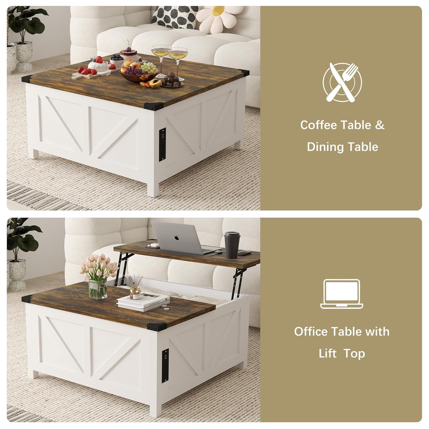 35'' Farmhouse Lift Top Coffee Table, Coffee Table with Storage and Large Hidden Storage, Square Coffee Table with Charging Station&USB Ports
