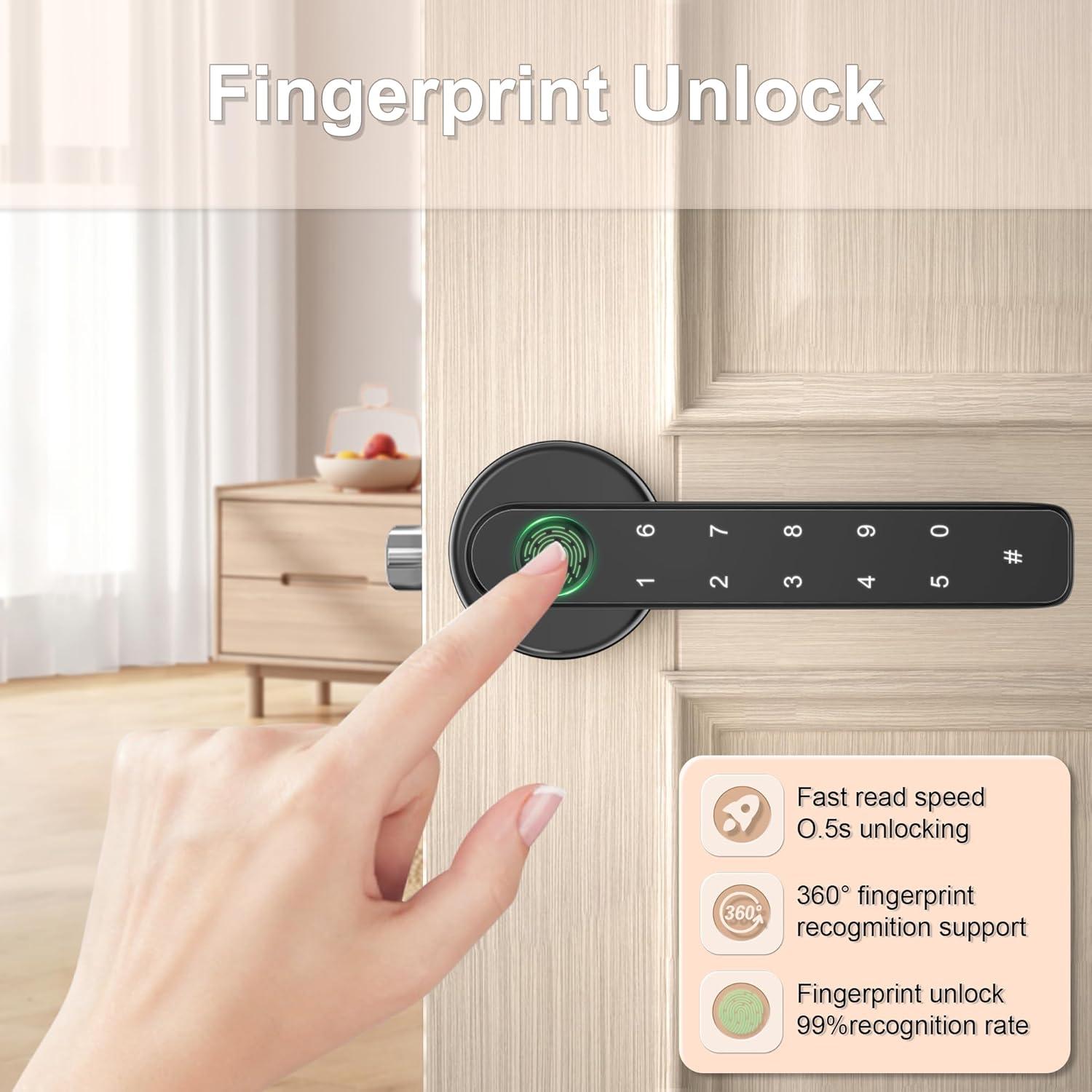 Fingerprint Door Lock- Smart Door knob,biometric Door Lock，with passcode keypad keyless Entry Door Handle，for Bedroom Home Hotel Office Apartment (Black with APP)