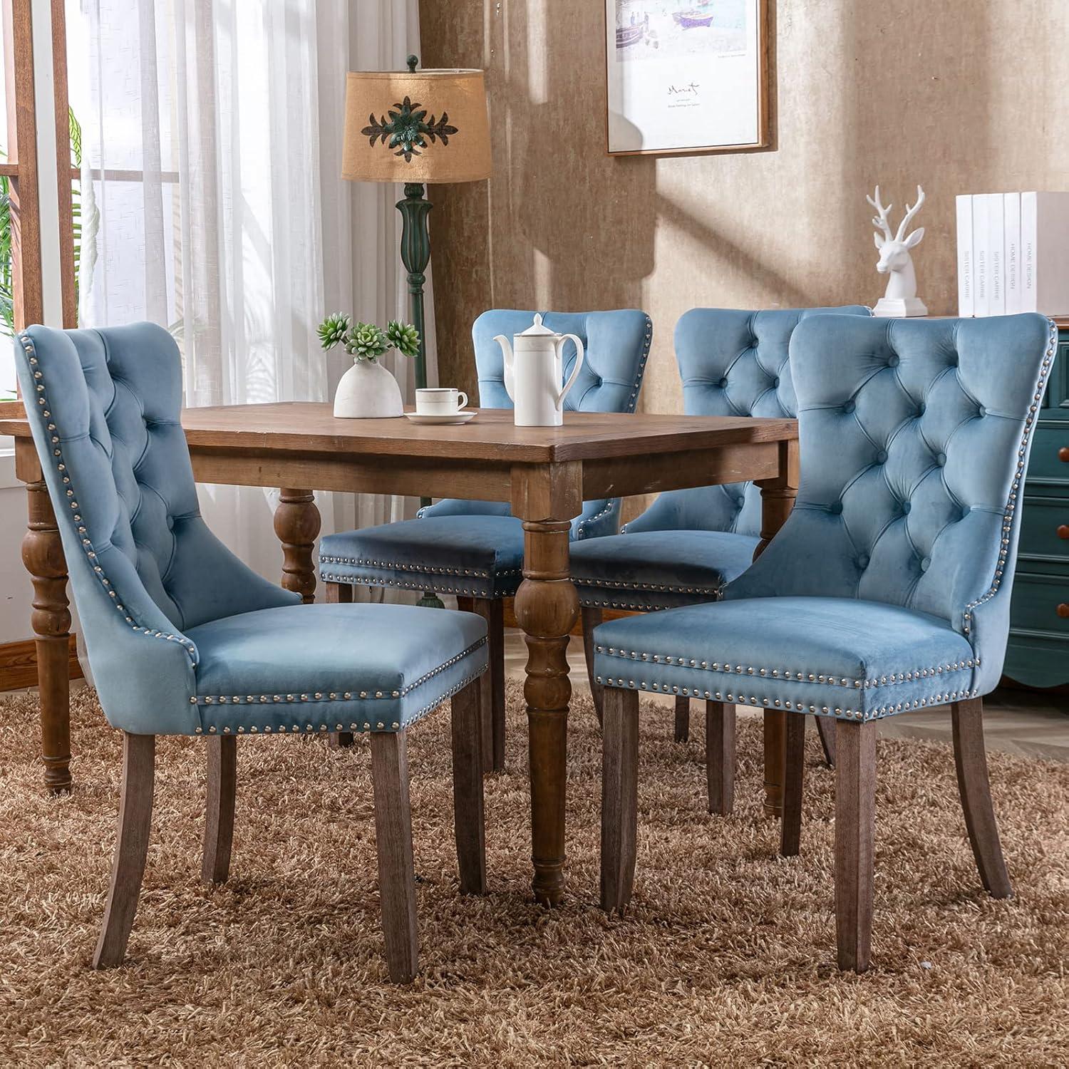 Blue Velvet Dining Chairs Set of 6, Kitchen & Dining Room Chairs Set of 6, Tufted Dining Chairs, Velvet Upholstered Dining Chairs, Solid Wood Frame (Light Blue, 6 Pcs)