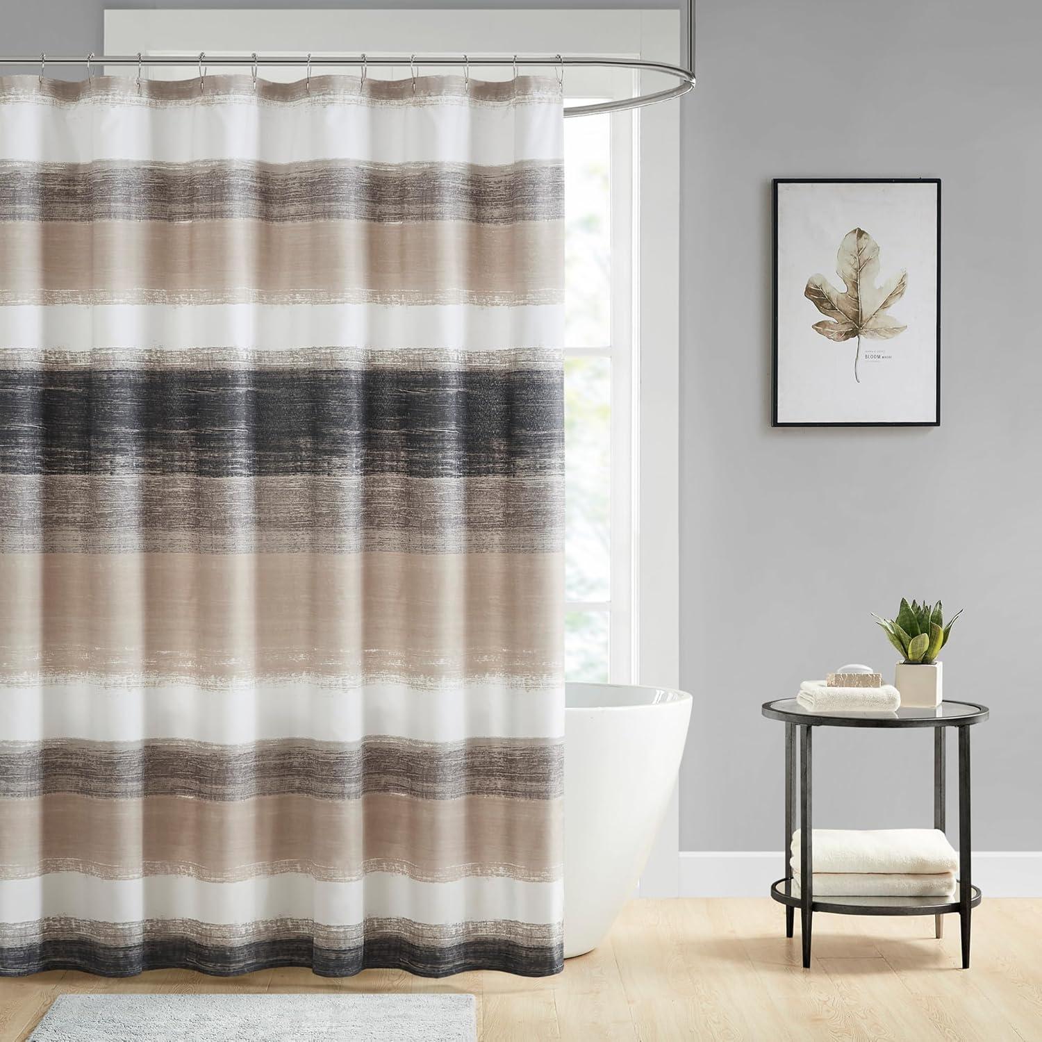 Taupe and Black Watercolor Stripe Shower Curtain with Liner