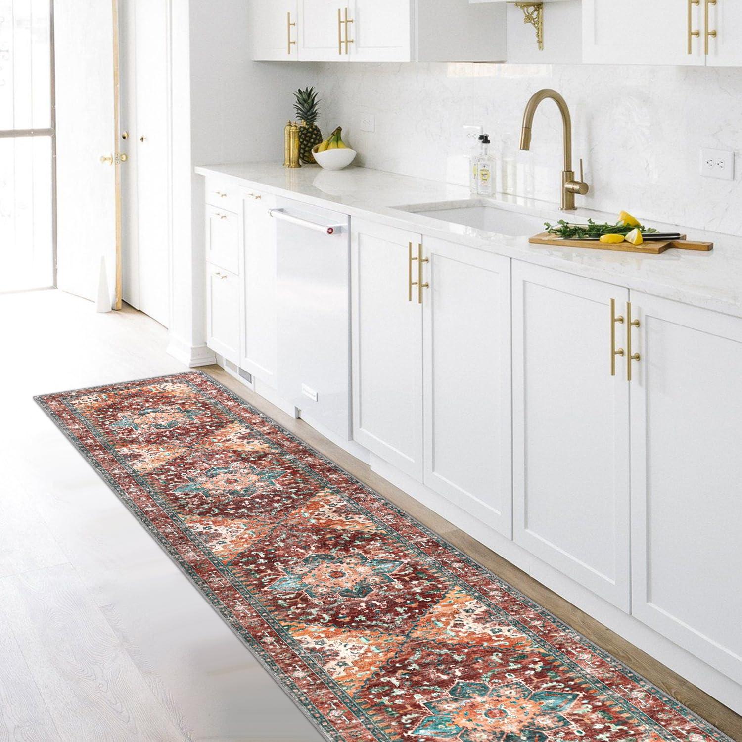 Yamaziot Washable Runner Rug, 2x10 Non-Slip Boho Vintage Hallway Rug Runner with Rubber Backing, Stain Resistant Distressed Carpet Runner for Bedroom, Kitchen, Laundry, Entrance