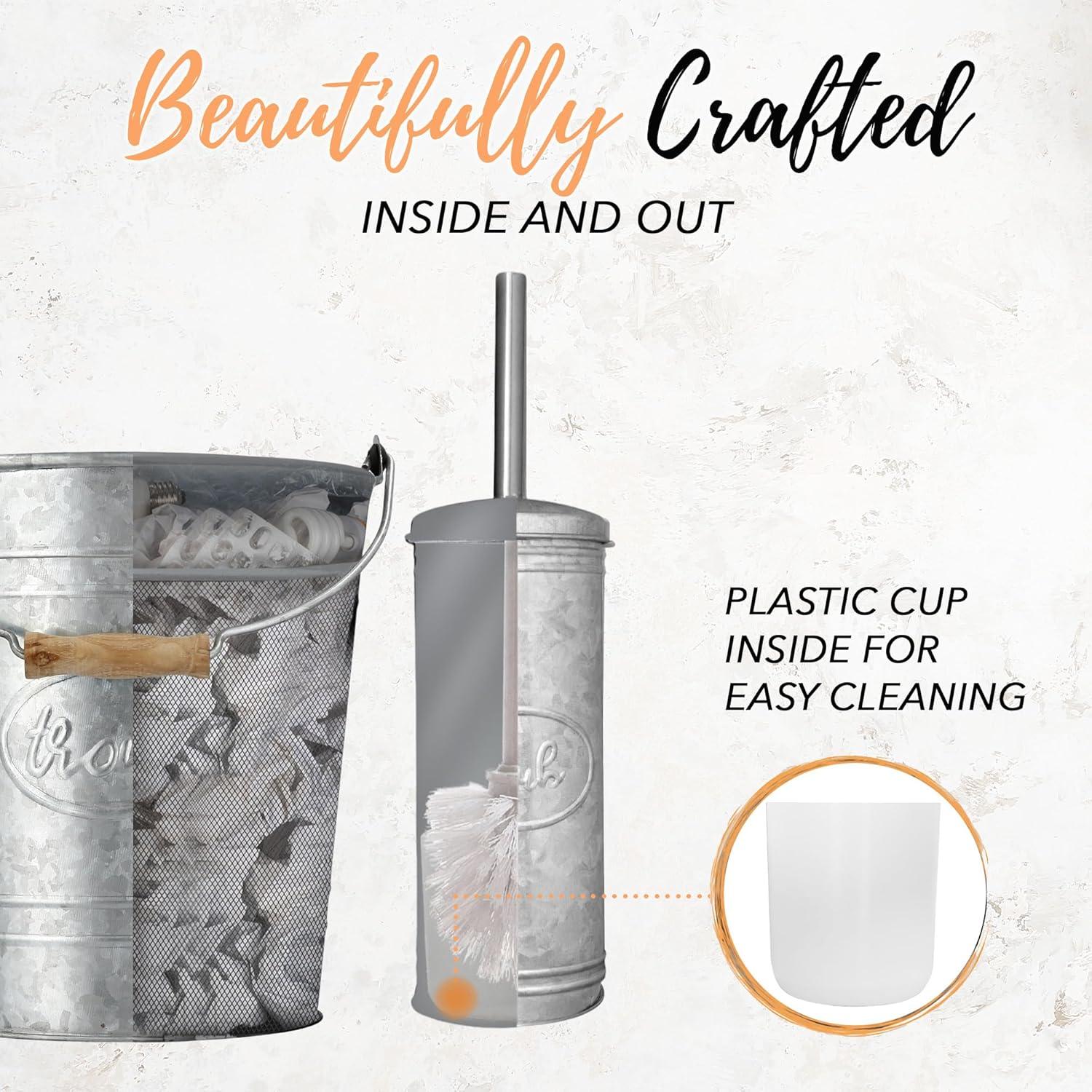 Galvanized Steel Rustic Bathroom Trash Can and Toilet Brush Set