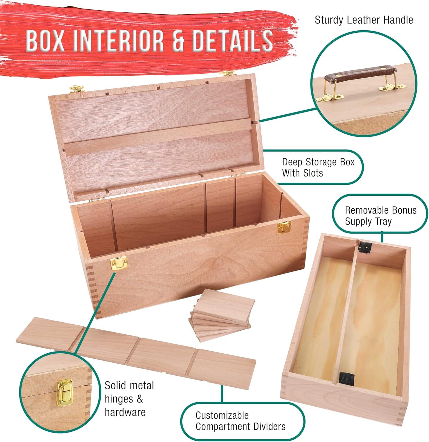 U.S. Art Supply Multi-Function Unfinished Beechwood Artist Tool Storage Box with Removable Tray & Locking Clasps - Protect and Organize and Transport Paints, Pencils, Tools & Supplies